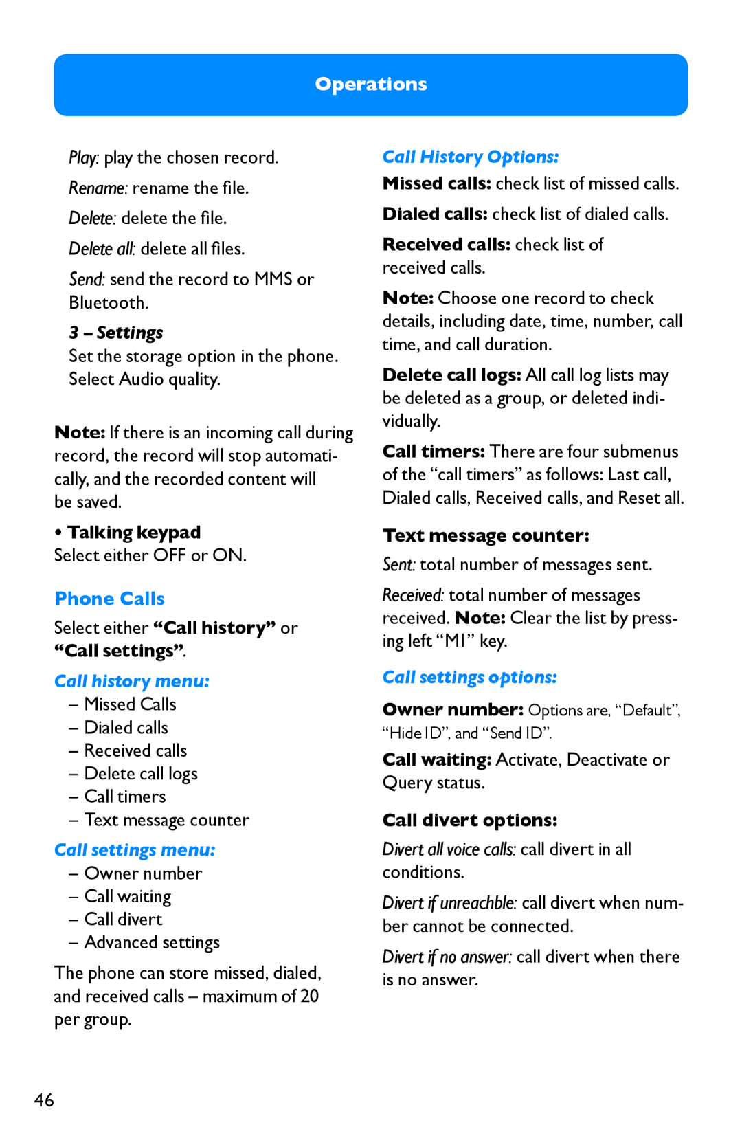 Clarity Pal manual Phone Calls, Select either Call history or Call settings, Received calls check list of received calls 