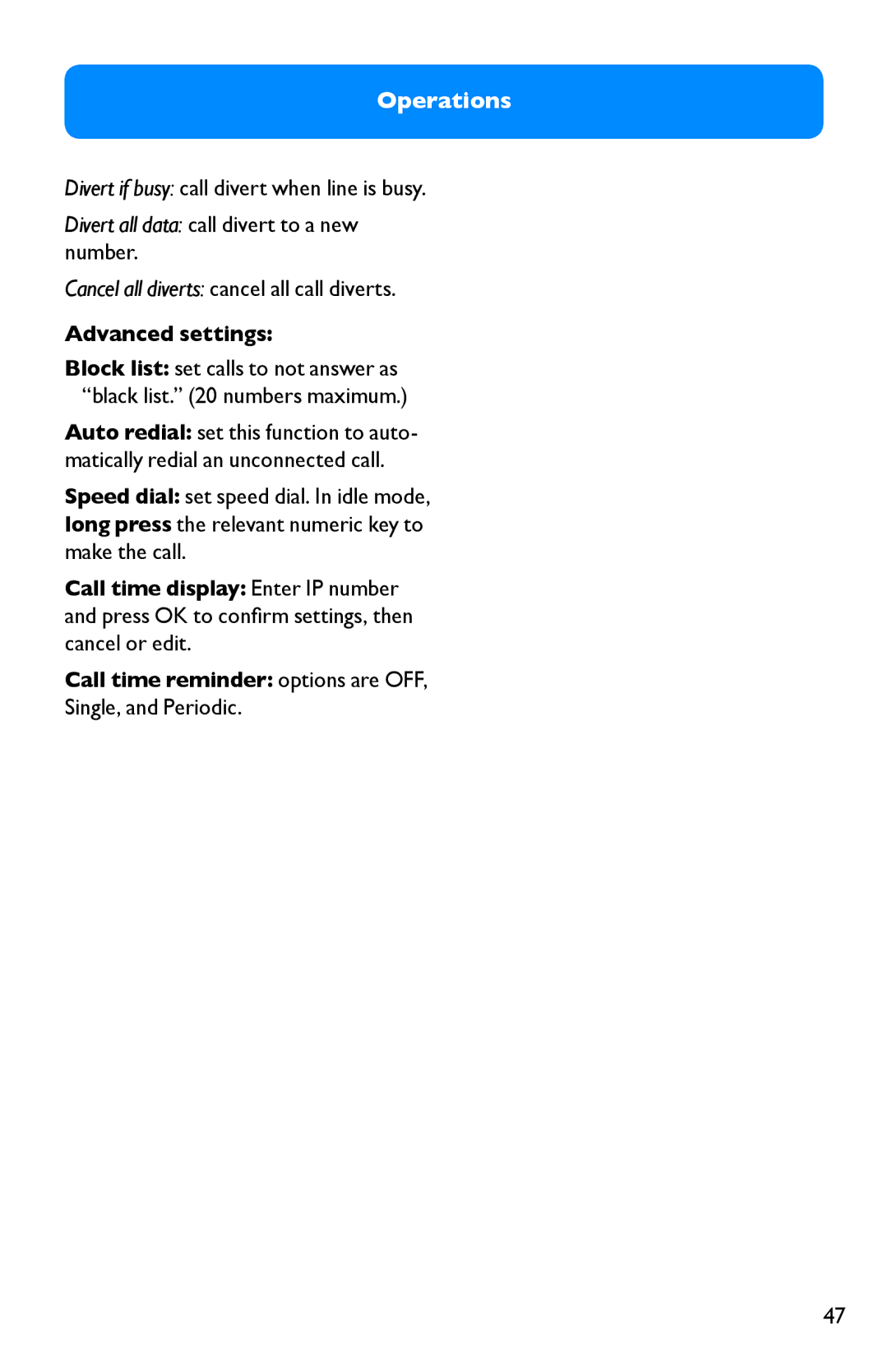 Clarity Pal Divert if busy call divert when line is busy, Cancel all diverts cancel all call diverts, Advanced settings 