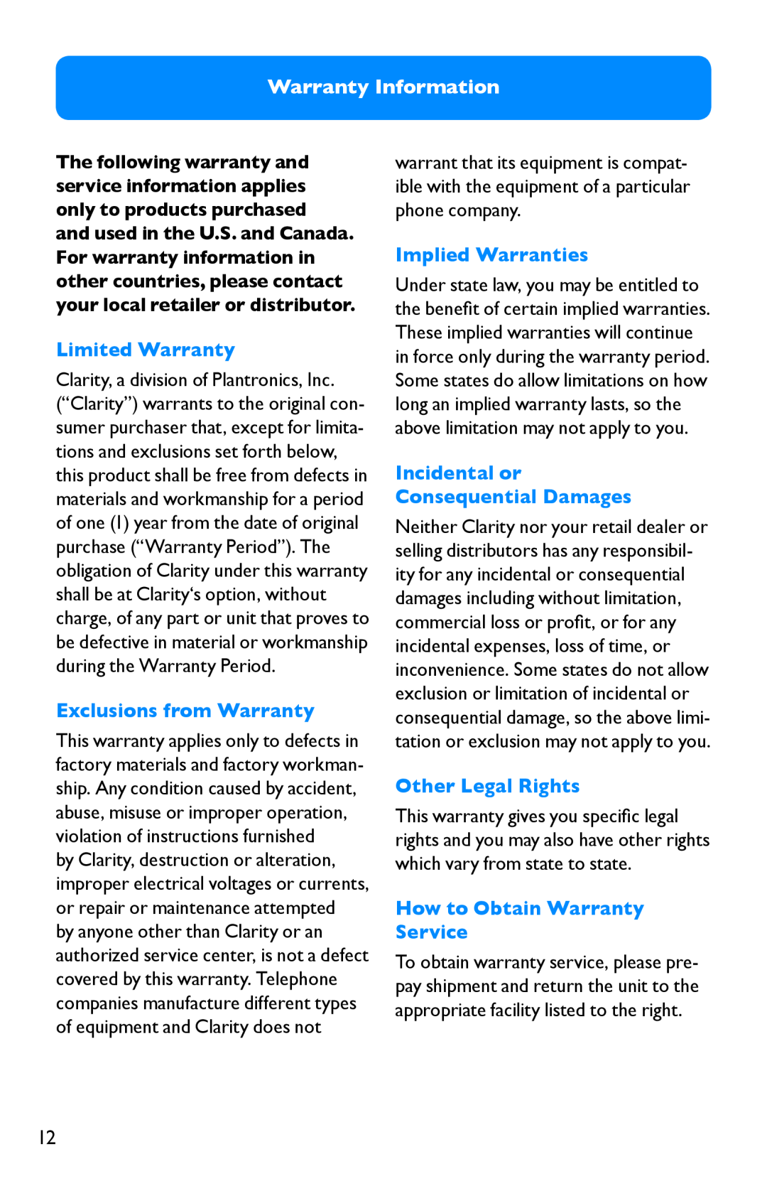 Clarity Pal manual Warranty Information, Limited Warranty, Exclusions from Warranty, Implied Warranties, Other Legal Rights 