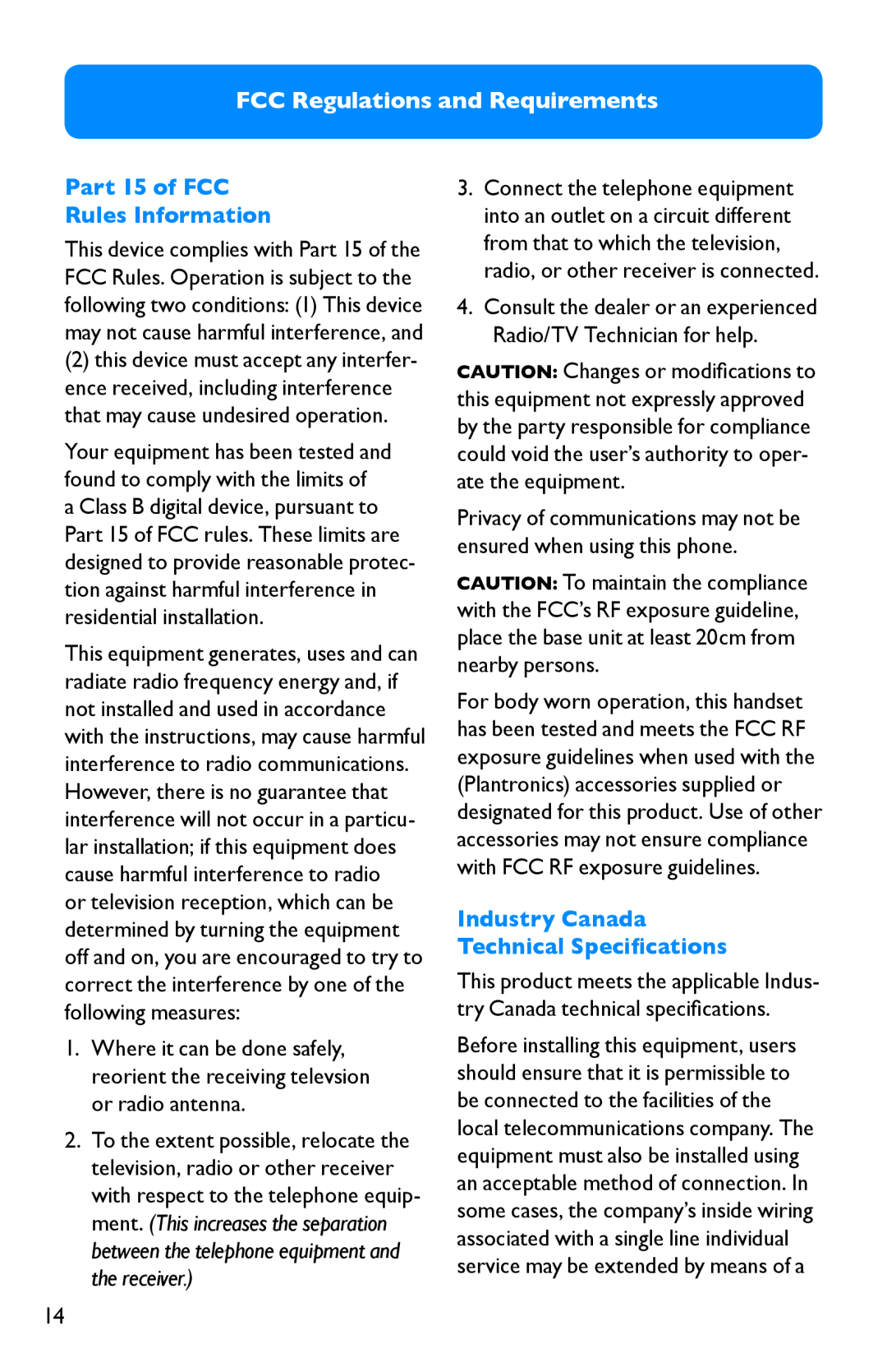 Clarity Pal FCC Regulations and Requirements, Part 15 of FCC Rules Information, Industry Canada Technical Specifications 