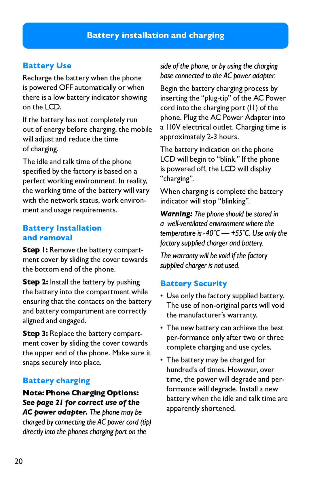 Clarity Pal manual Battery installation and charging, Battery Use, of charging, Battery Installation and removal 