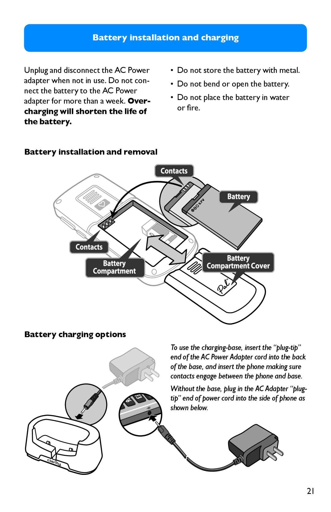 Clarity Pal manual Do not store the battery with metal Do not bend or open the battery, Battery installation and charging 