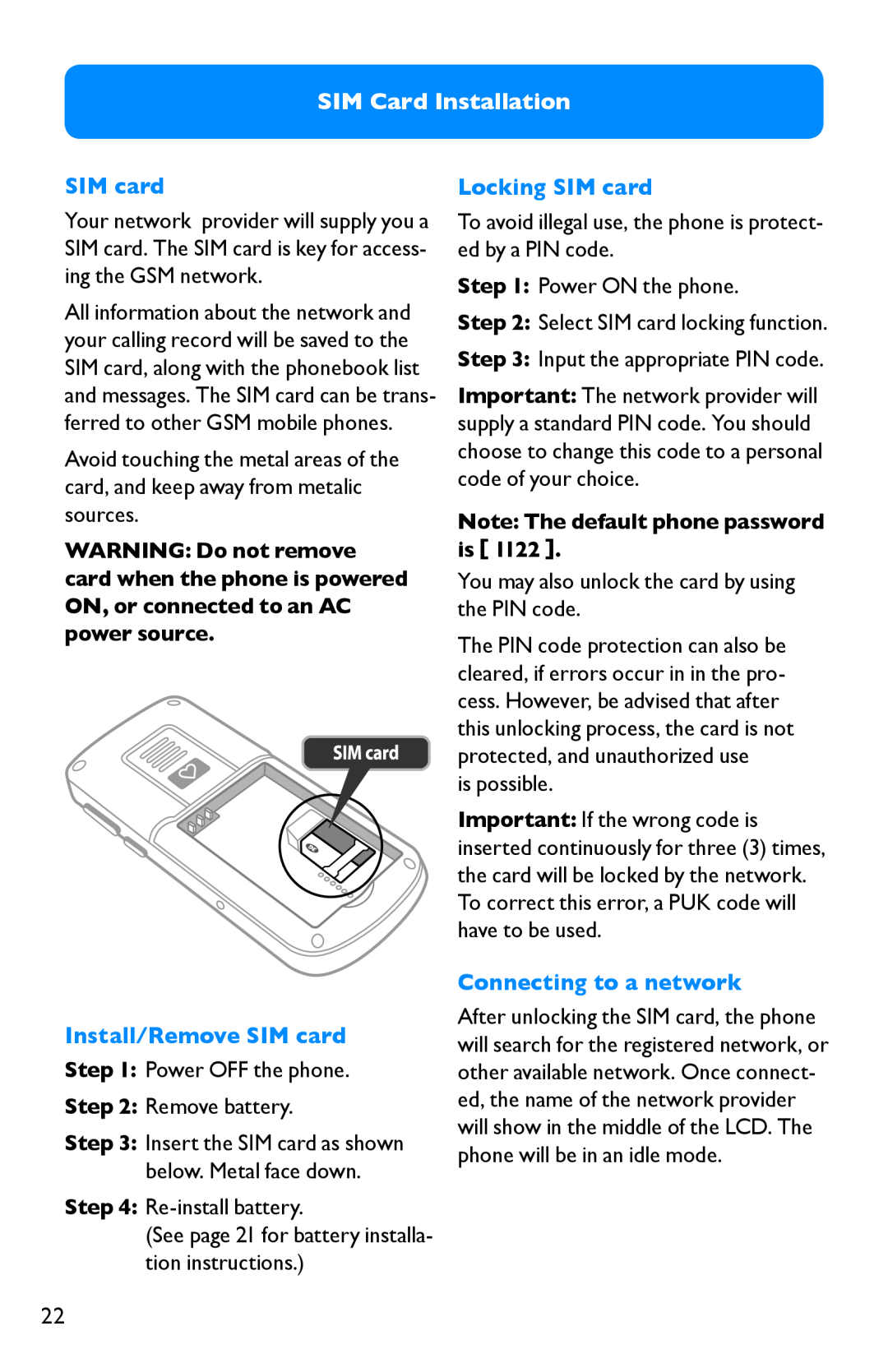 Clarity Pal manual SIM Card Installation, Install/Remove SIM card, Locking SIM card, Connecting to a network 