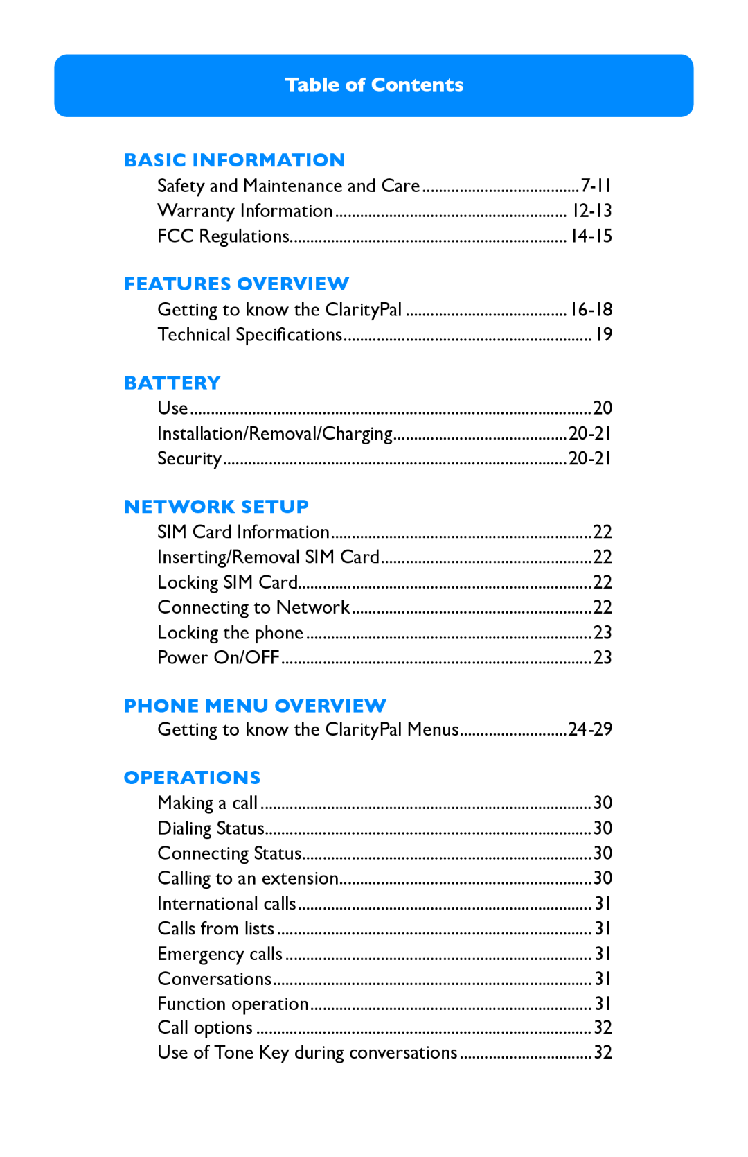 Clarity Pal Table of Contents, 7-11, Basic Information, Features Overview, Battery, Network Setup, Phone Menu Overview 