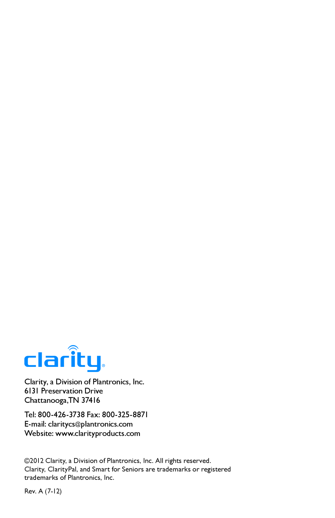 Clarity Pal manual Tel 800-426-3738 Fax E-mail claritycs@plantronics.com, Rev. A 
