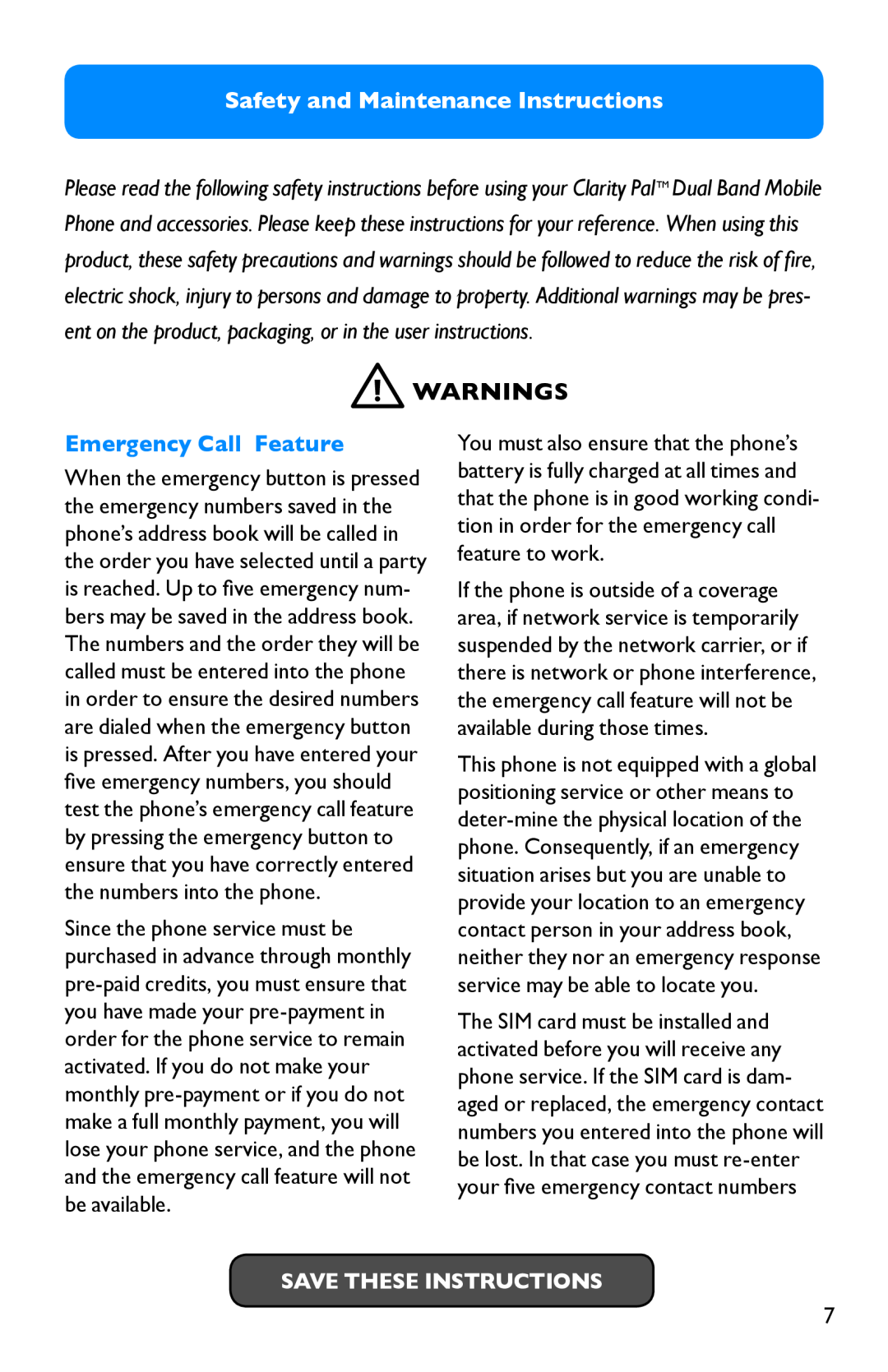 Clarity Pal manual Safety and Maintenance Instructions, Emergency Call Feature, Save These Instructions, Warnings 