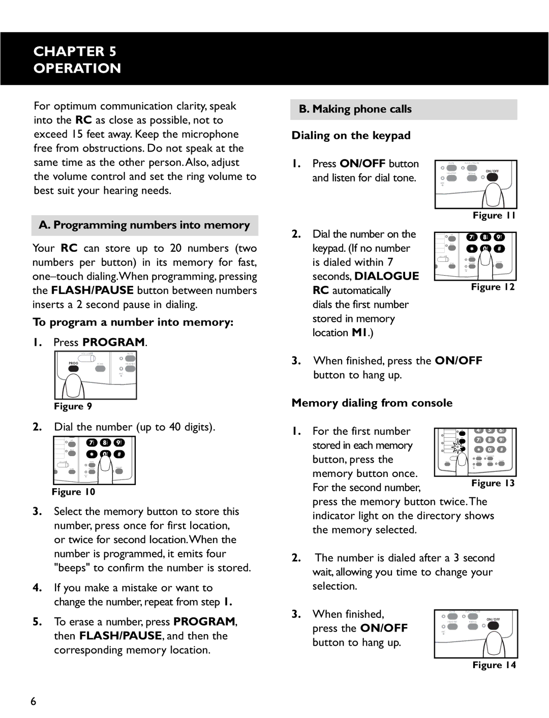 Clarity RC100, RC200 Operation, Making phone calls Dialing on the keypad, Programming numbers into memory 