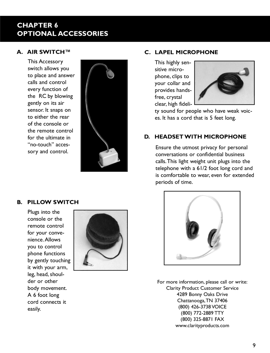 Clarity RC200 Chapter Optional Accessories, Pillow Switch Plugs into the console or the remote control, Lapel Microphone 