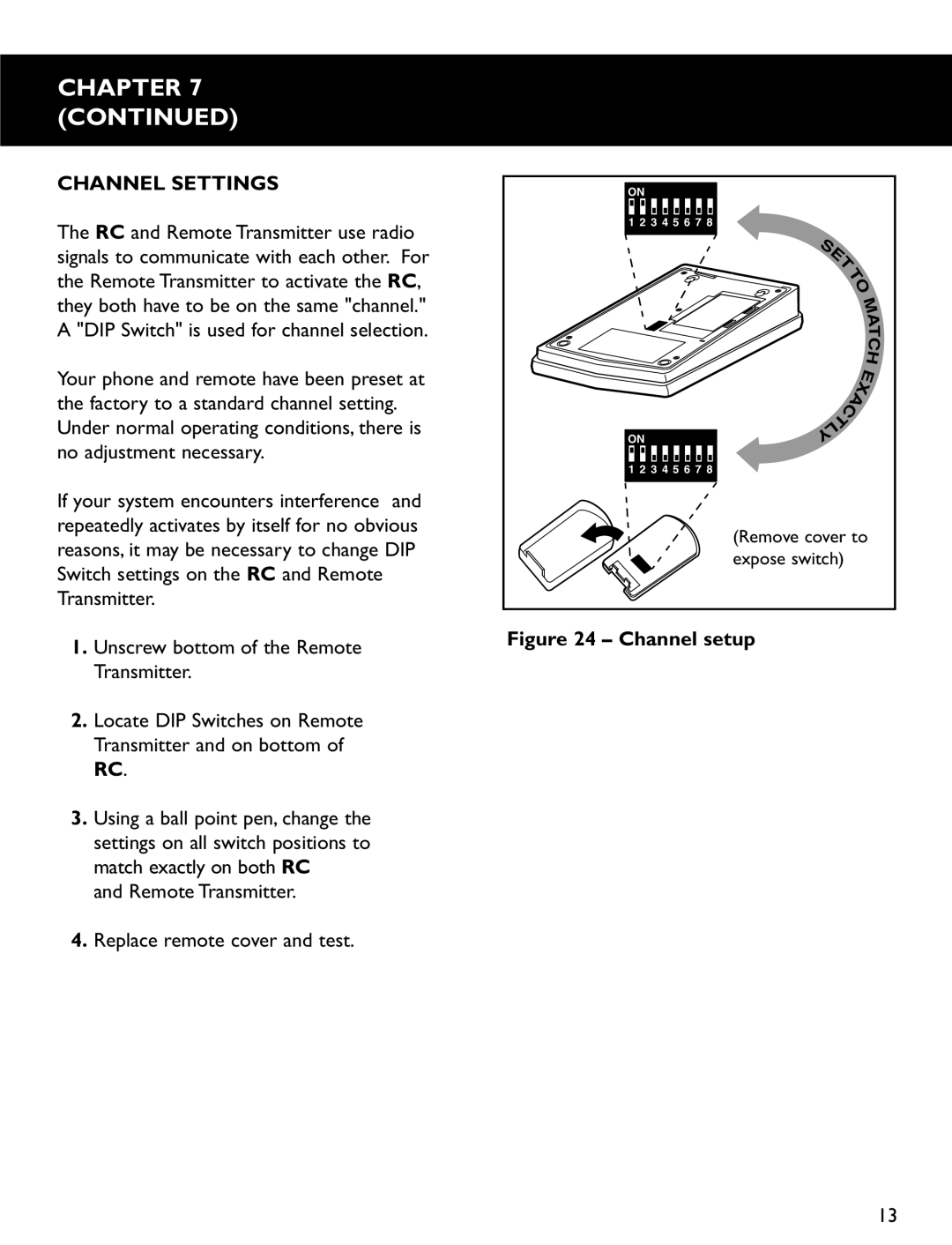 Clarity RC200, RC100 operating instructions Channel Settings, Remote Transmitter Replace remote cover and test 