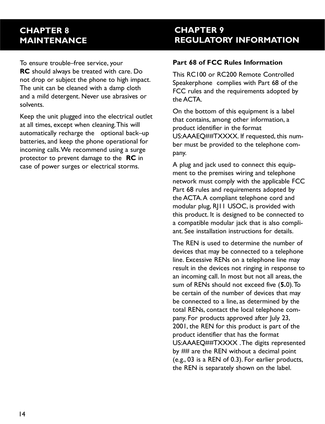 Clarity RC100, RC200 operating instructions Chapter Maintenance, Chapter Regulatory Information 