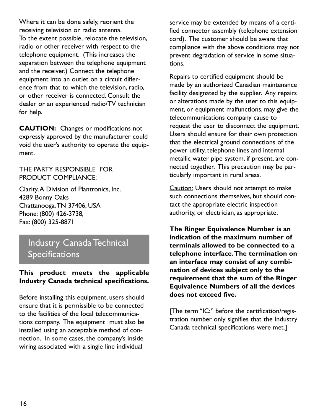 Clarity RC100, RC200 operating instructions Industry Canada Technical Specifications 