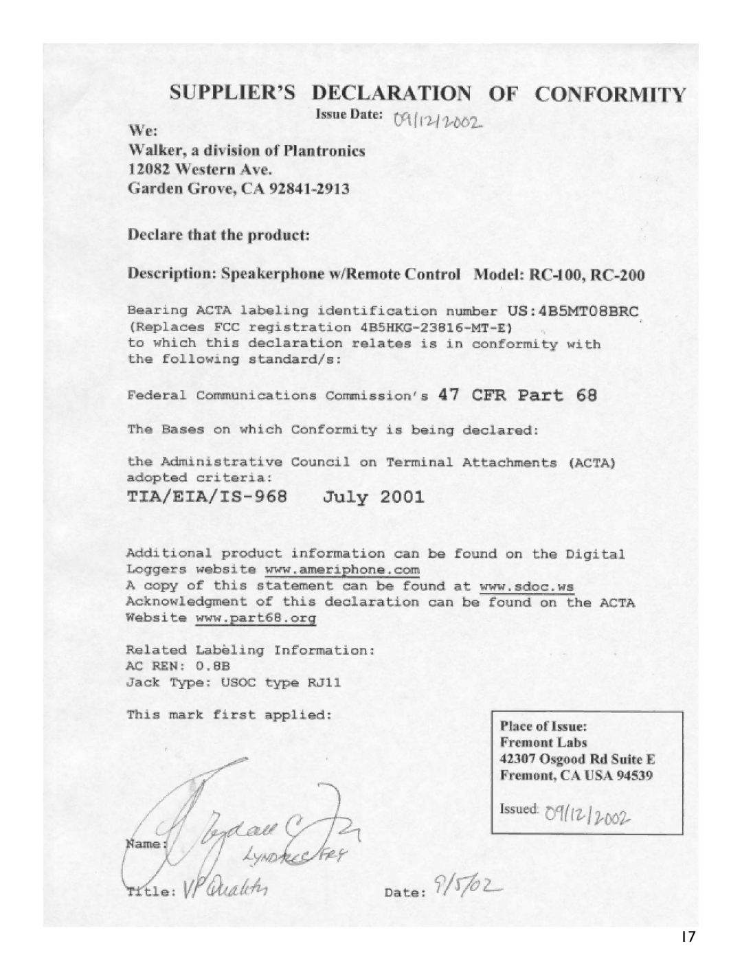 Clarity RC200, RC100 operating instructions 