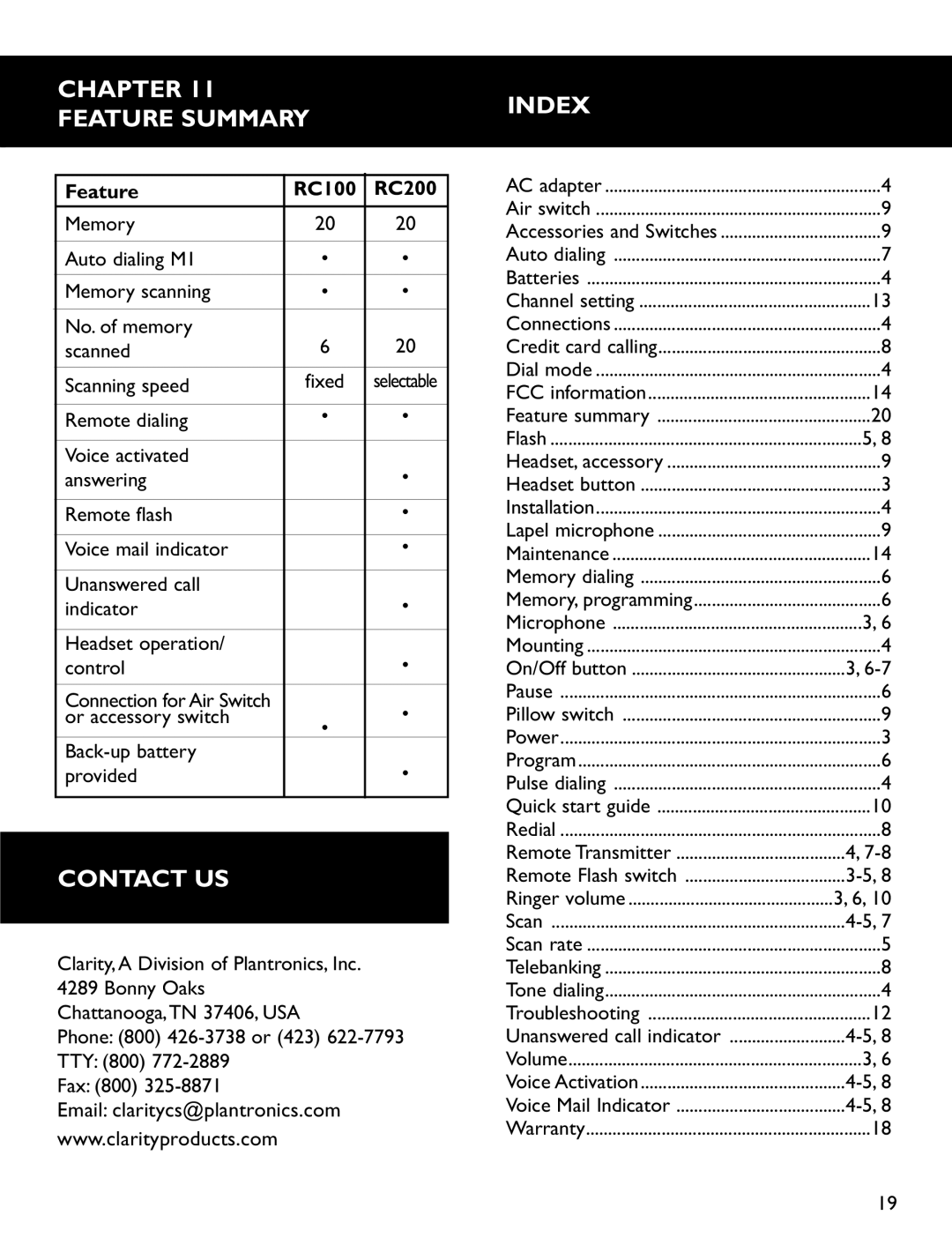 Clarity operating instructions Chapter Feature Summary, Contact US, Index, Feature RC100 RC200 