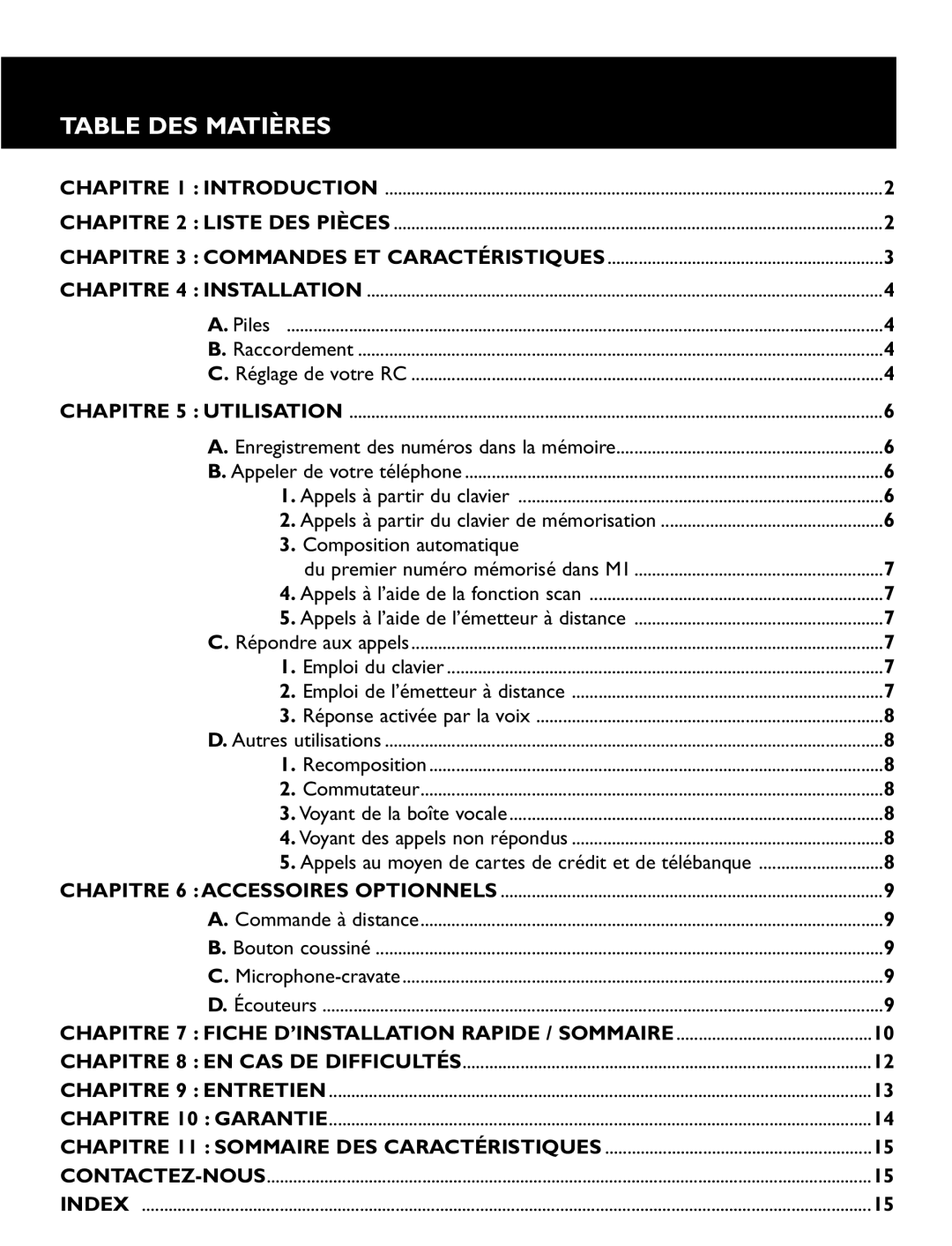 Clarity RC100, RC200 operating instructions Table DES Matières 