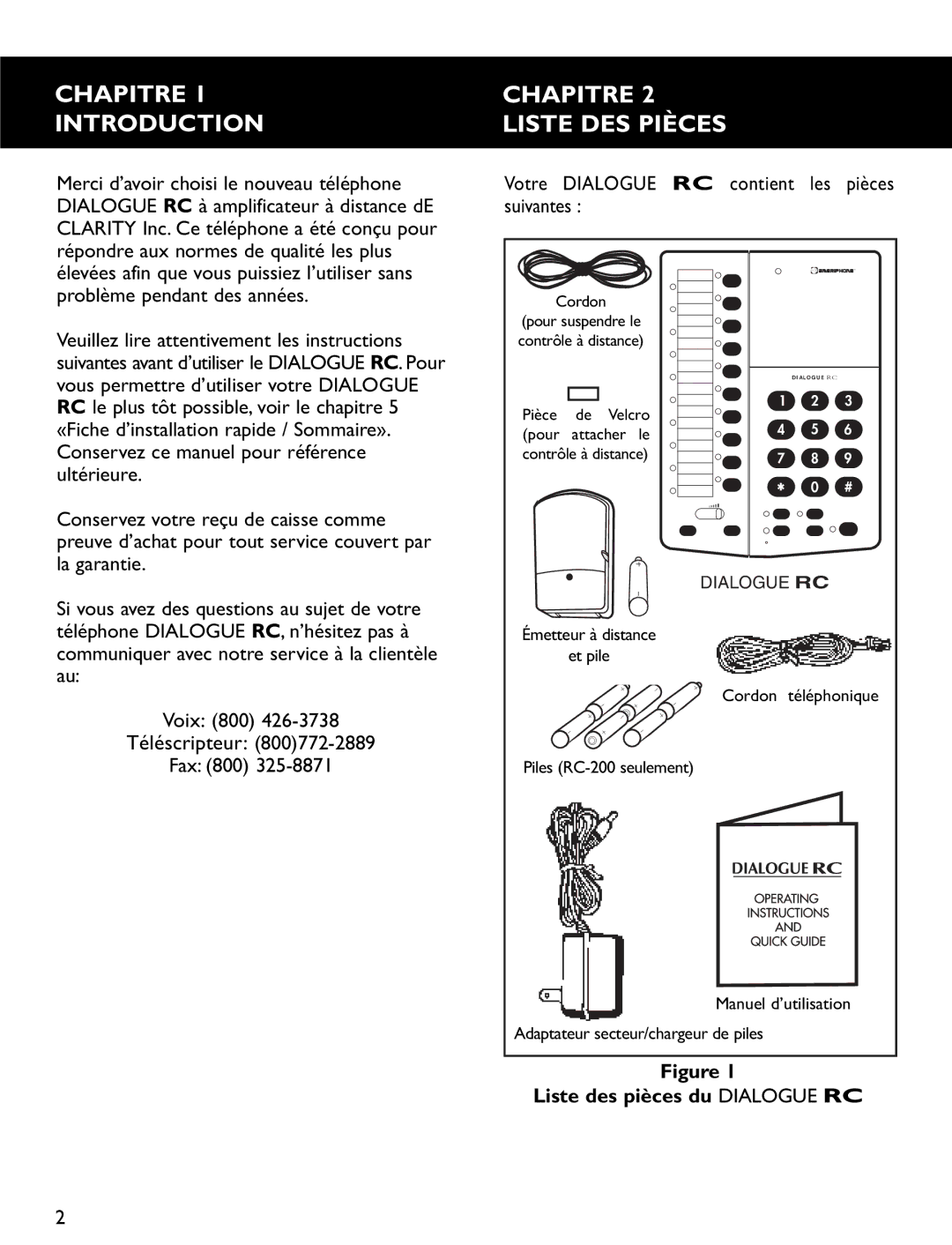 Clarity RC200, RC100 Chapitre Introduction Liste DES Pièces, Fax 800 Votre Dialogue contient les pièces Suivantes RC 