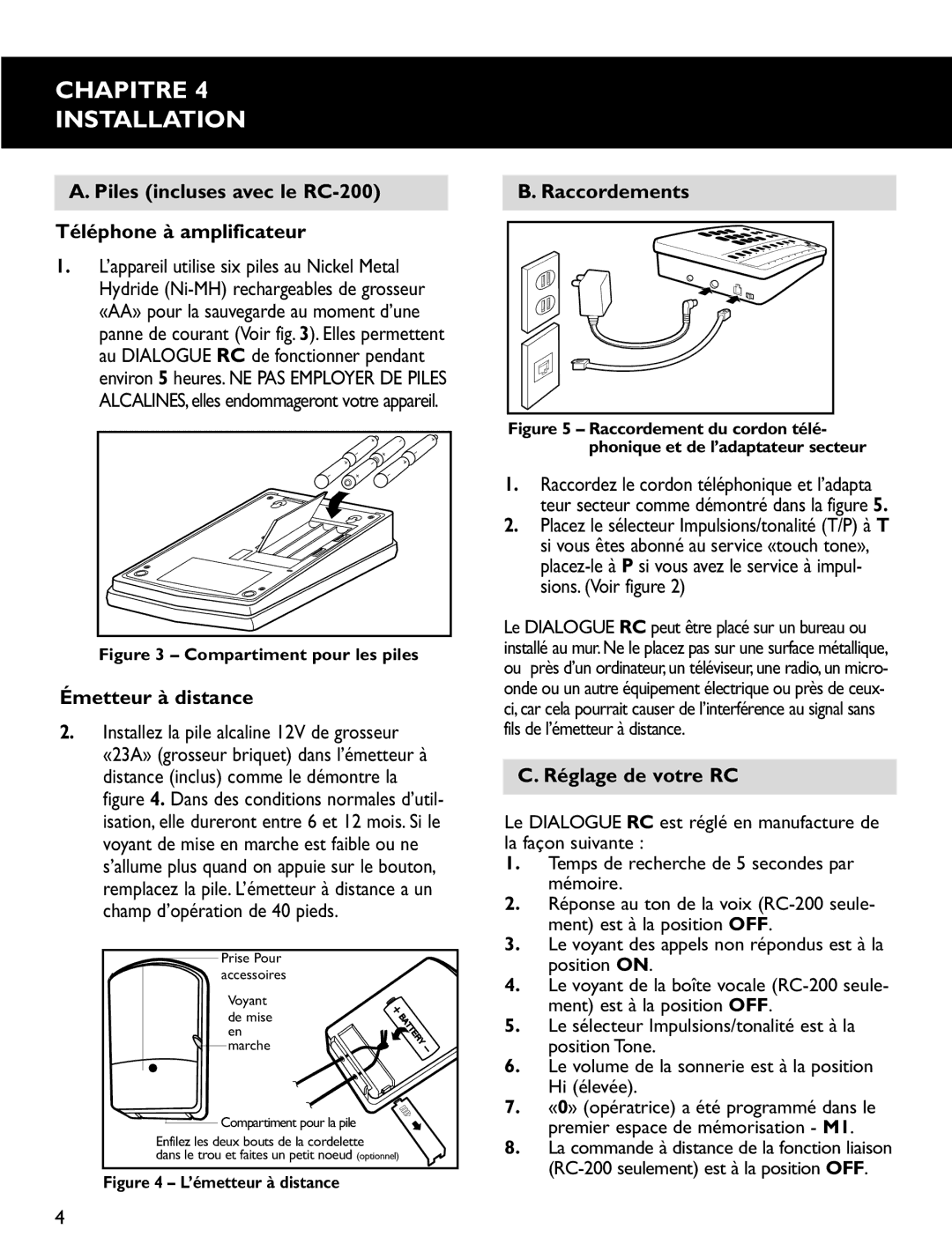 Clarity RC200, RC100 Chapitre Installation, Piles incluses avec le RC-200 Téléphone à amplificateur, Émetteur à distance 