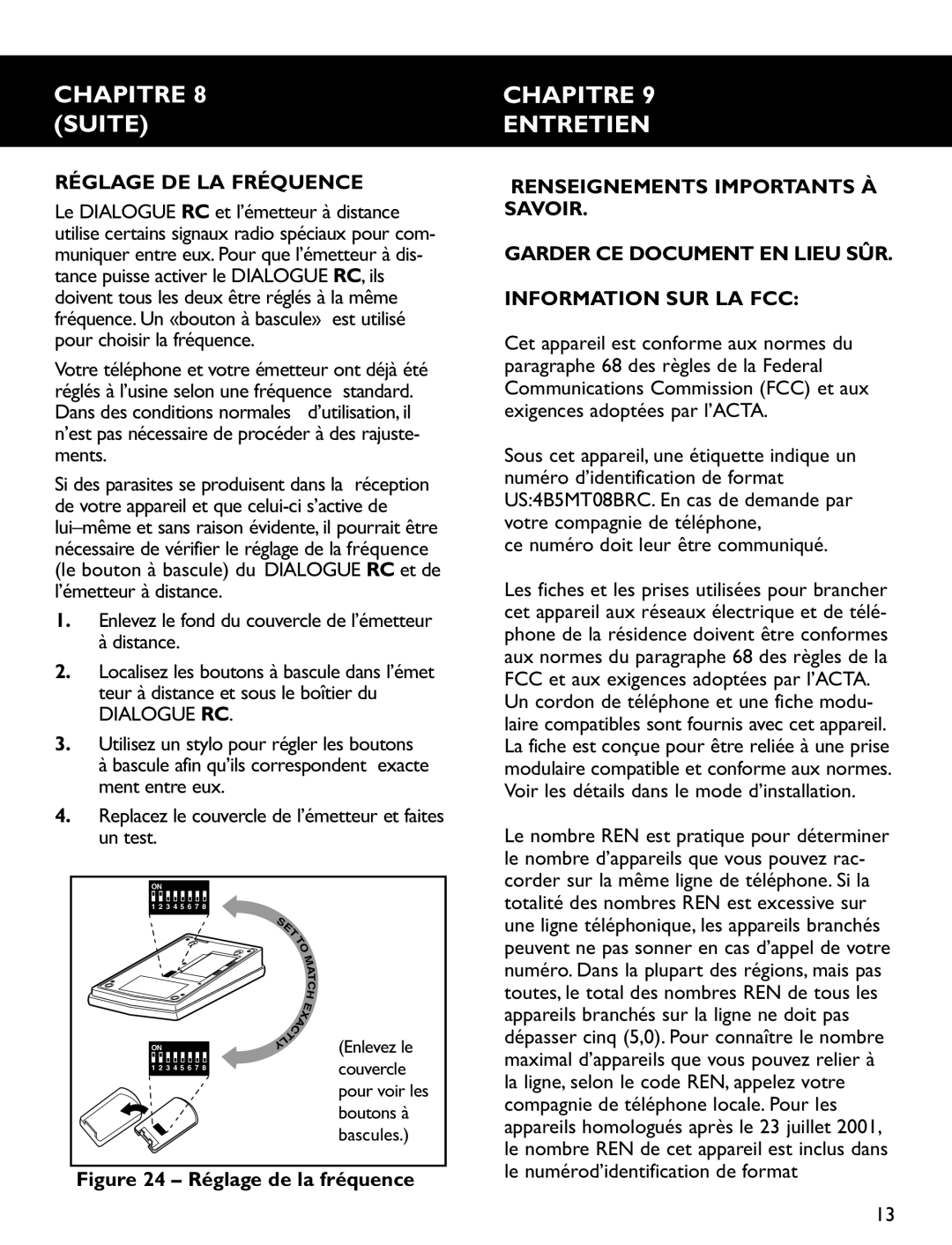 Clarity RC100, RC200 operating instructions Chapitre 8 Suite, Chapitre Entretien, Réglage DE LA Fréquence 