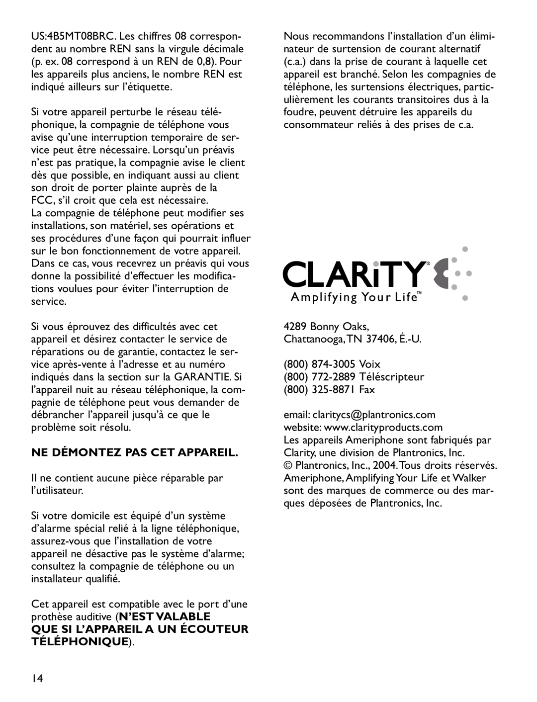 Clarity RC200, RC100 NE Démontez PAS CET Appareil, Il ne contient aucune pièce réparable par l’utilisateur, Téléphonique 