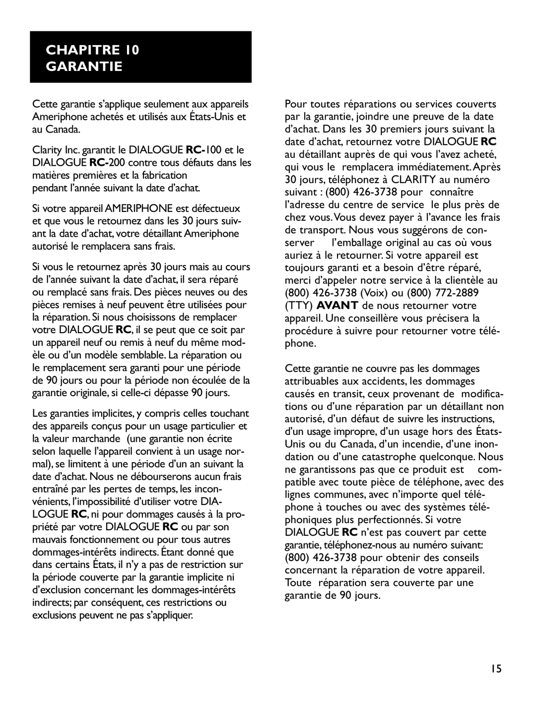 Clarity RC100, RC200 operating instructions Chapitre Garantie 