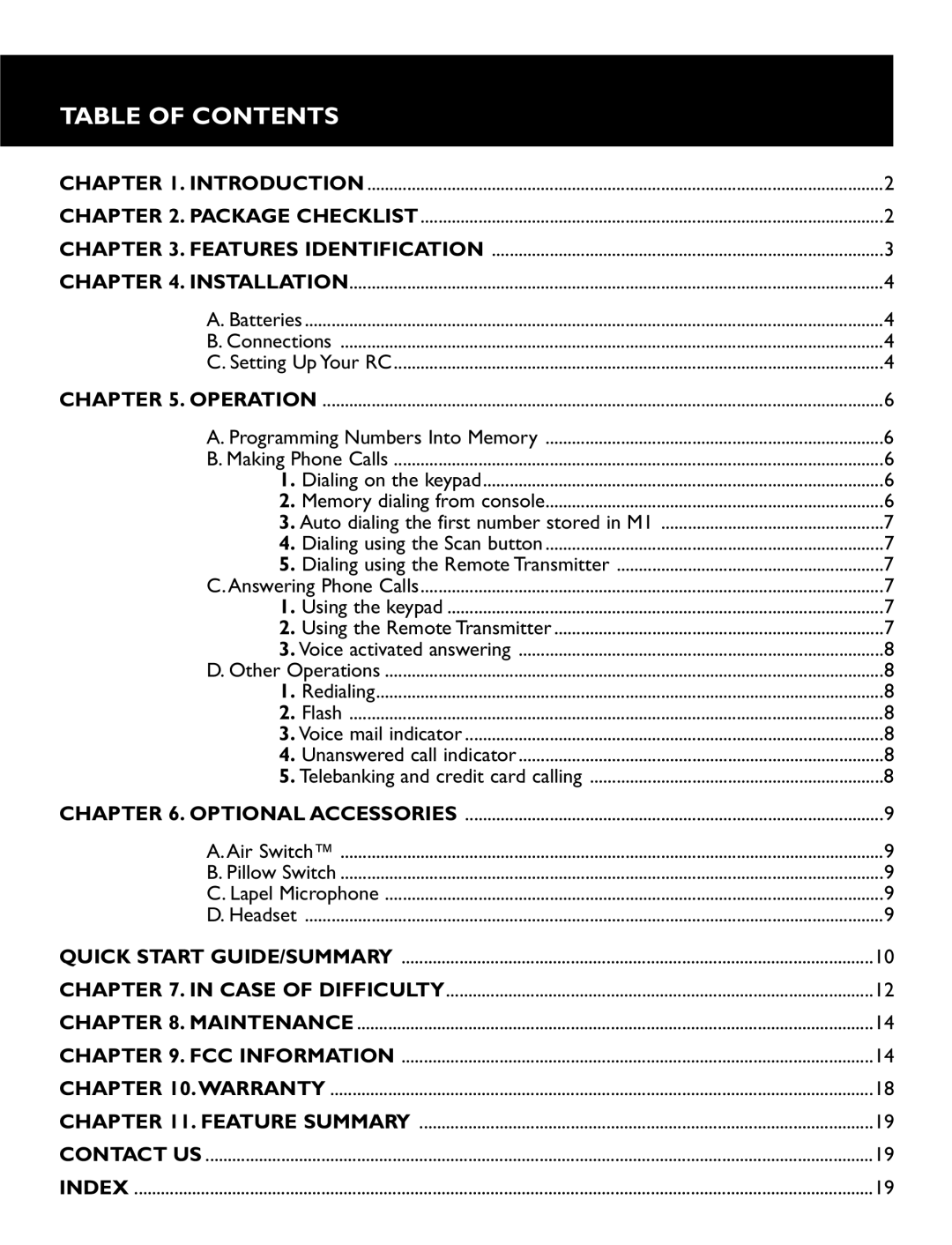 Clarity RC200, RC100 operating instructions Table of Contents 