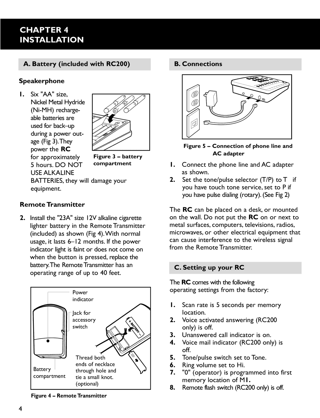 Clarity RC100 Chapter Installation, Battery included with RC200 Speakerphone, Remote Transmitter, Connections 