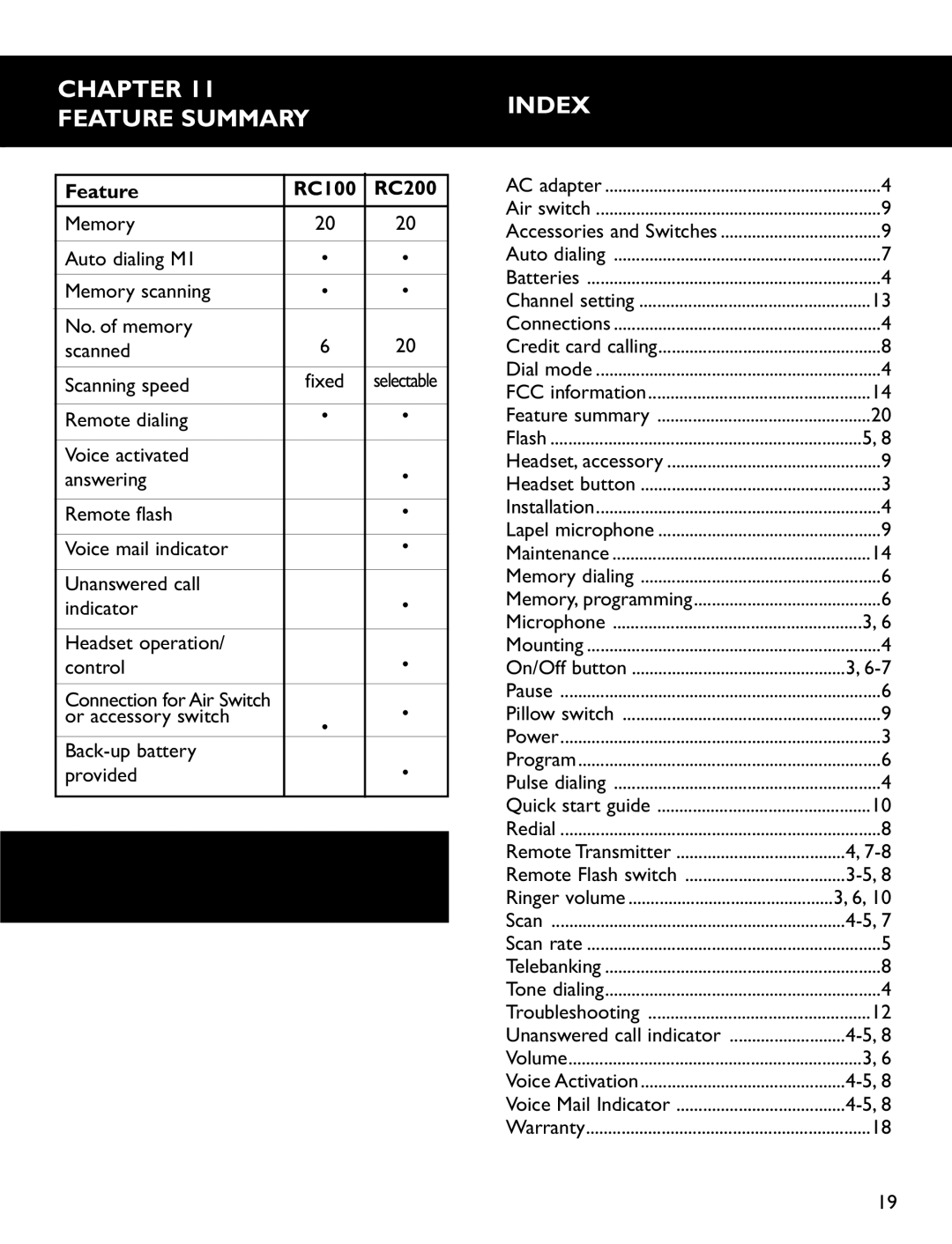 Clarity Chapter Feature Summary, Index, Feature RC100 RC200, Or accessory switch, Back-up battery Provided 