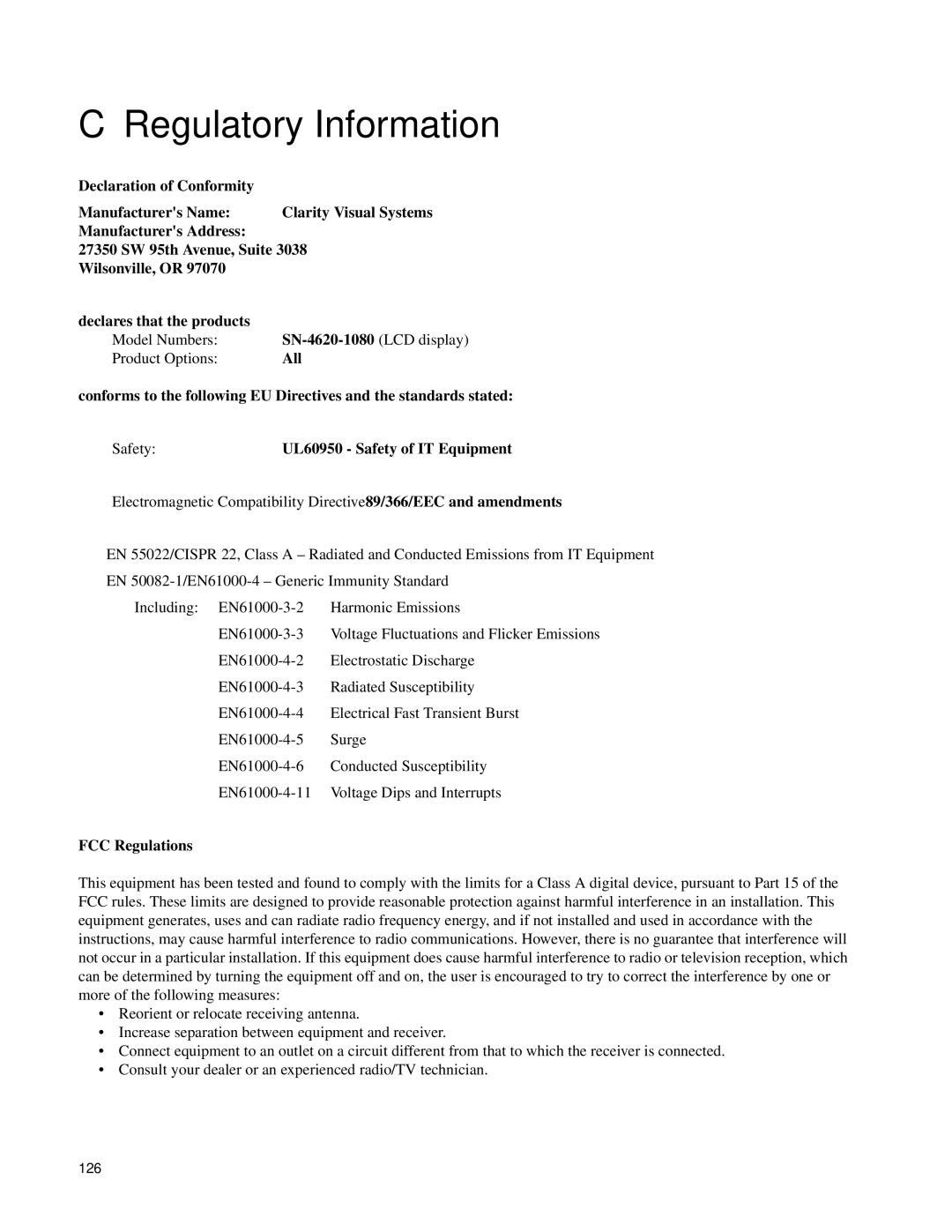 Clarity SN-4620-1080 manual Regulatory Information, UL60950 Safety of IT Equipment, FCC Regulations 