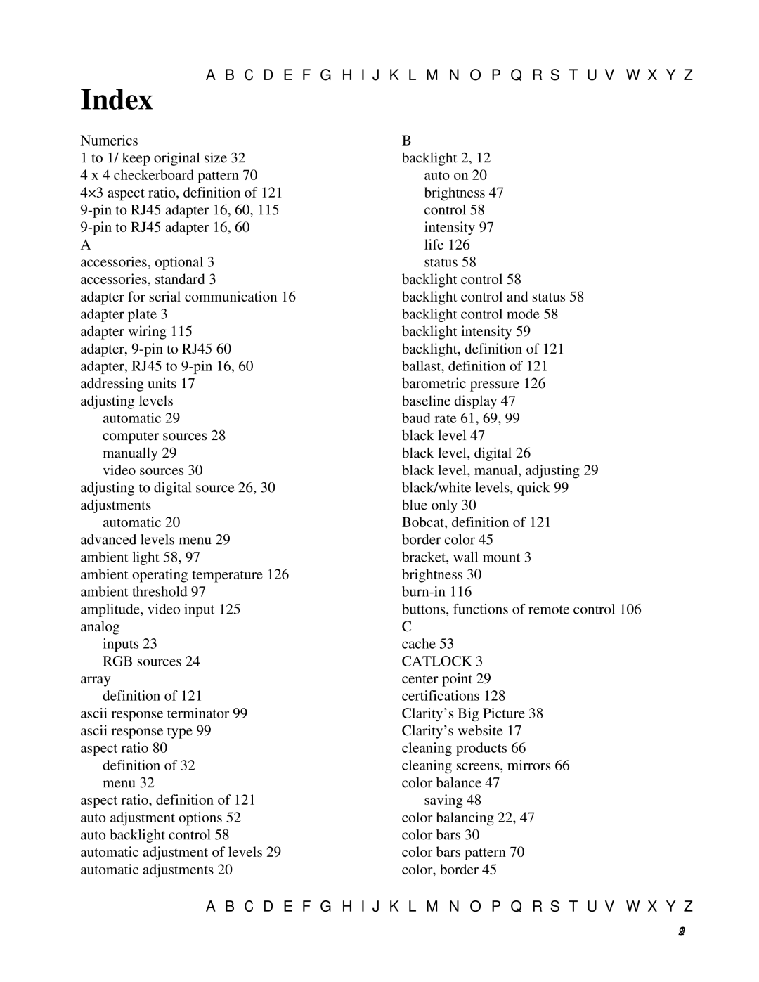 Clarity SN-4620-1080 manual Index 