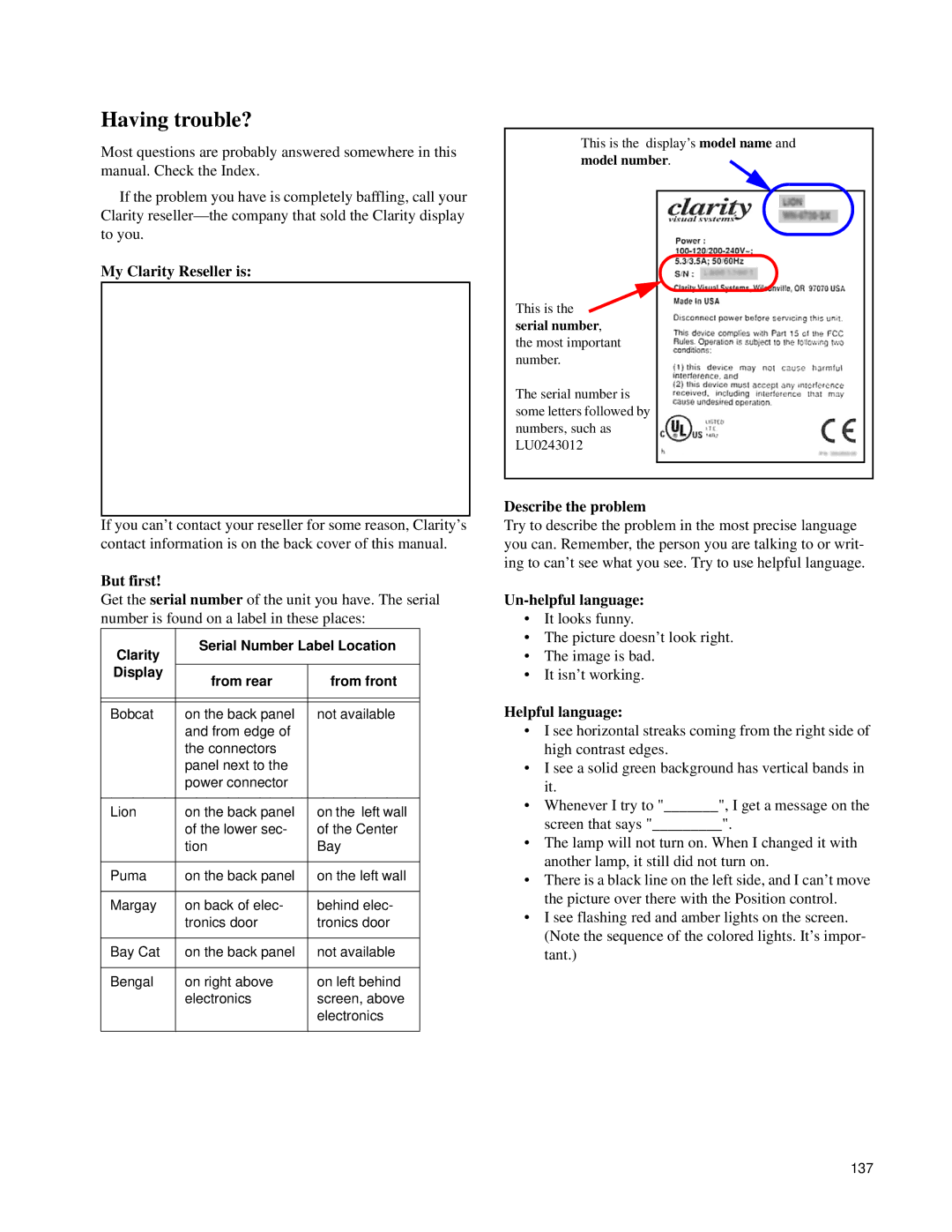 Clarity SN-4620-1080 manual My Clarity Reseller is, But first, Describe the problem, Un-helpful language, Helpful language 