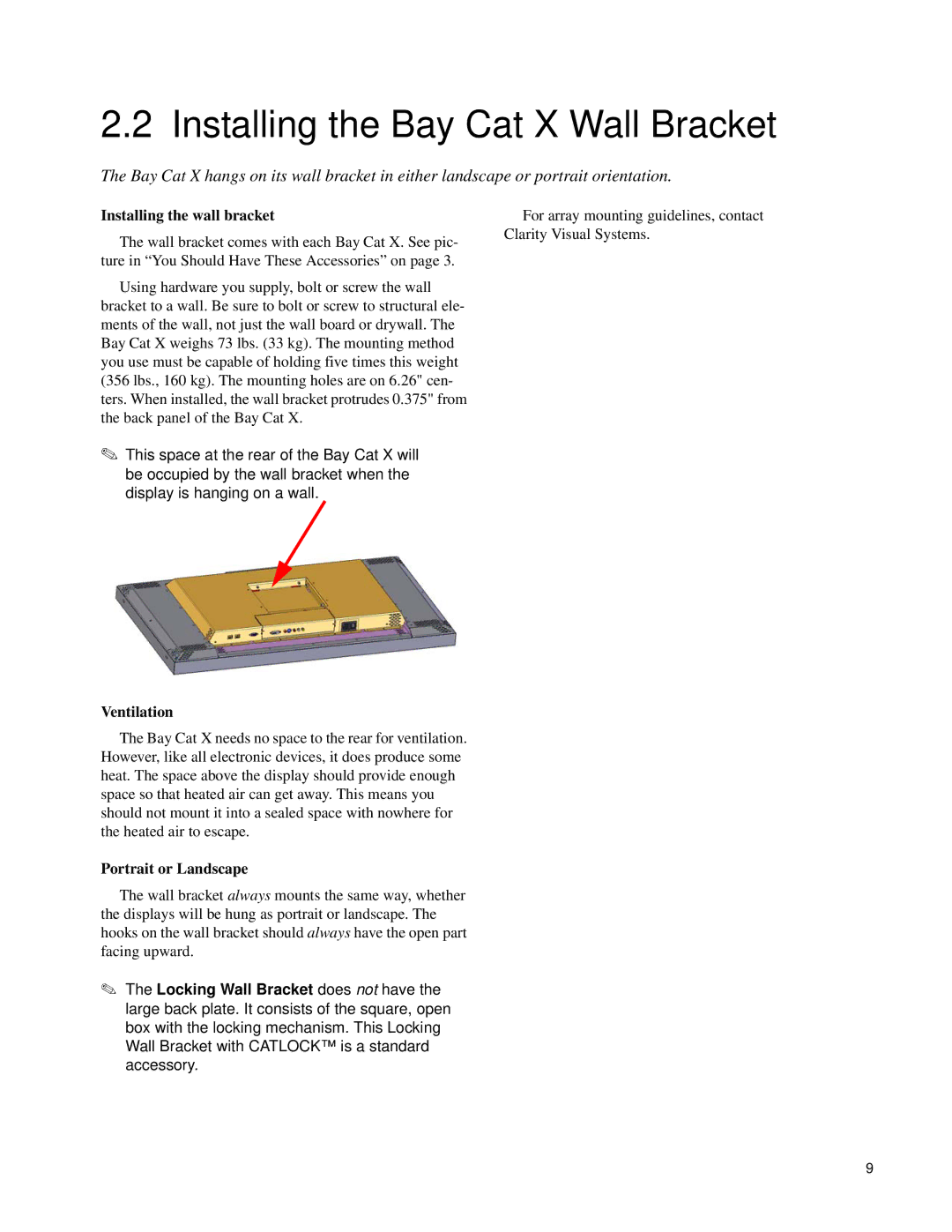 Clarity SN-4620-1080 manual Installing the Bay Cat X Wall Bracket, Installing the wall bracket, Ventilation 
