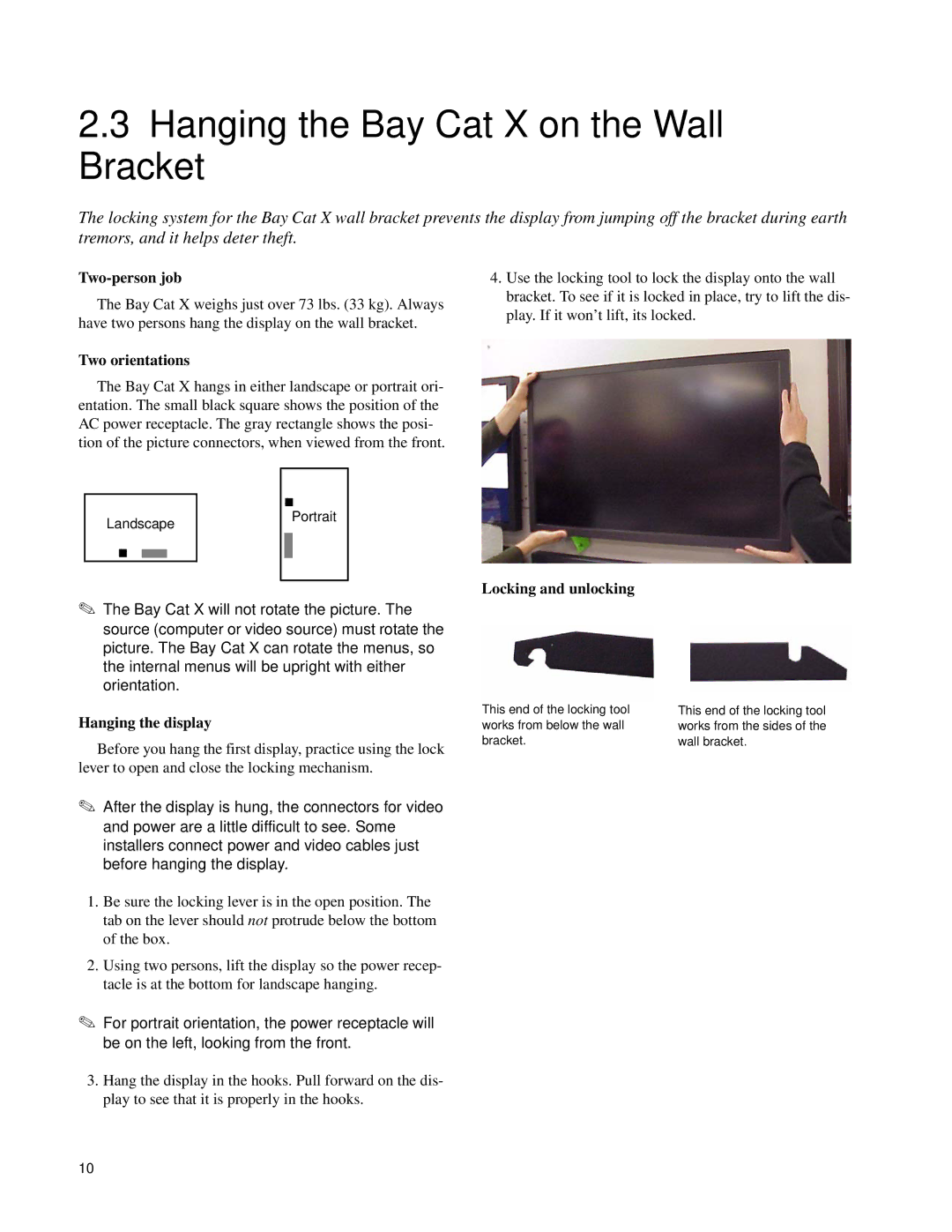 Clarity SN-4620-1080 Hanging the Bay Cat X on the Wall Bracket, Two-person job, Two orientations, Locking and unlocking 