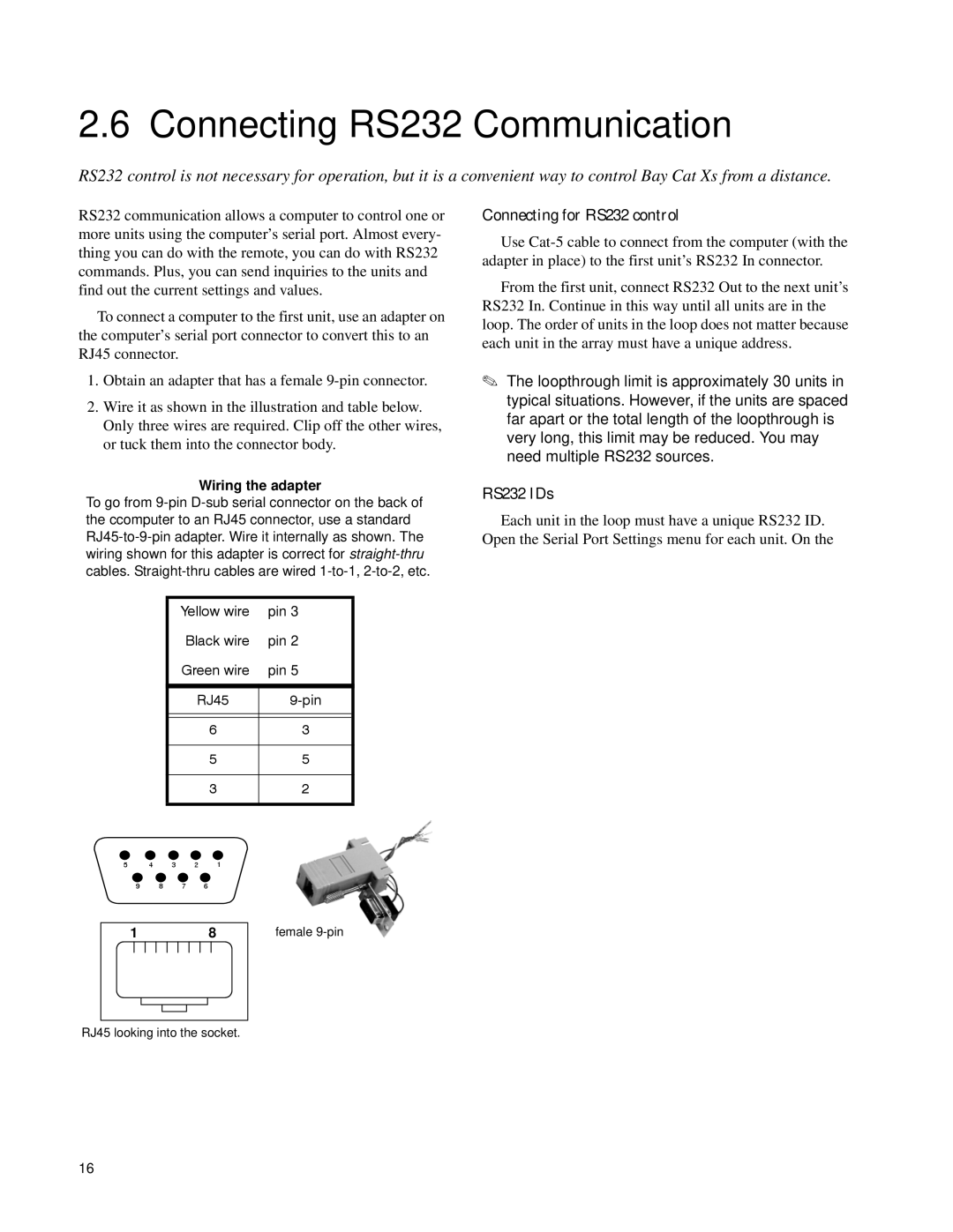 Clarity SN-4620-1080 manual Connecting RS232 Communication, Connecting for RS232 control, RS232 IDs, Wiring the adapter 