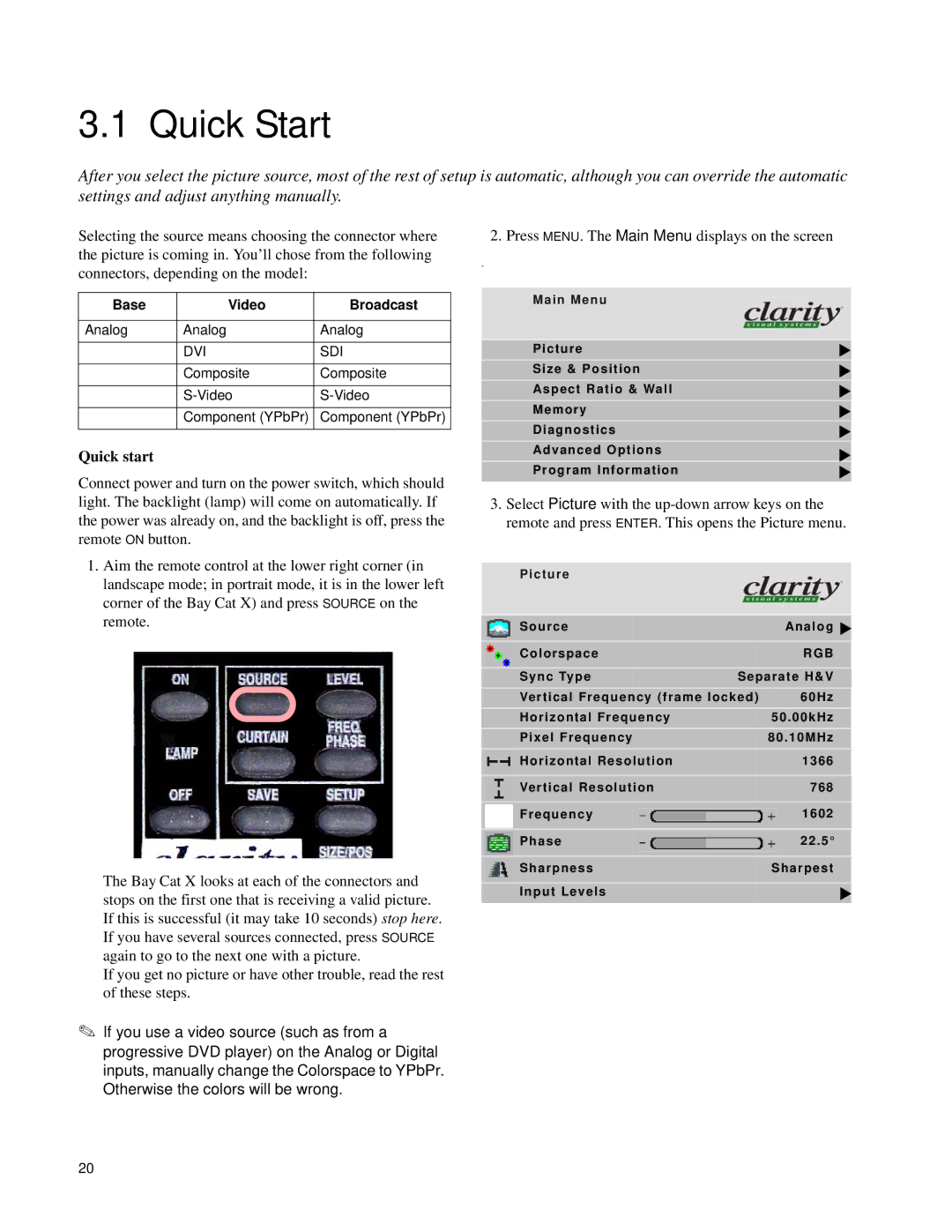 Clarity SN-4620-1080 manual Quick Start, Quick start, Base Video Broadcast, Picture 