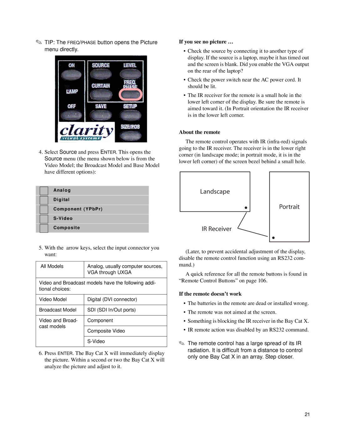 Clarity SN-4620-1080 manual If you see no picture …, About the remote, If the remote doesn’t work 