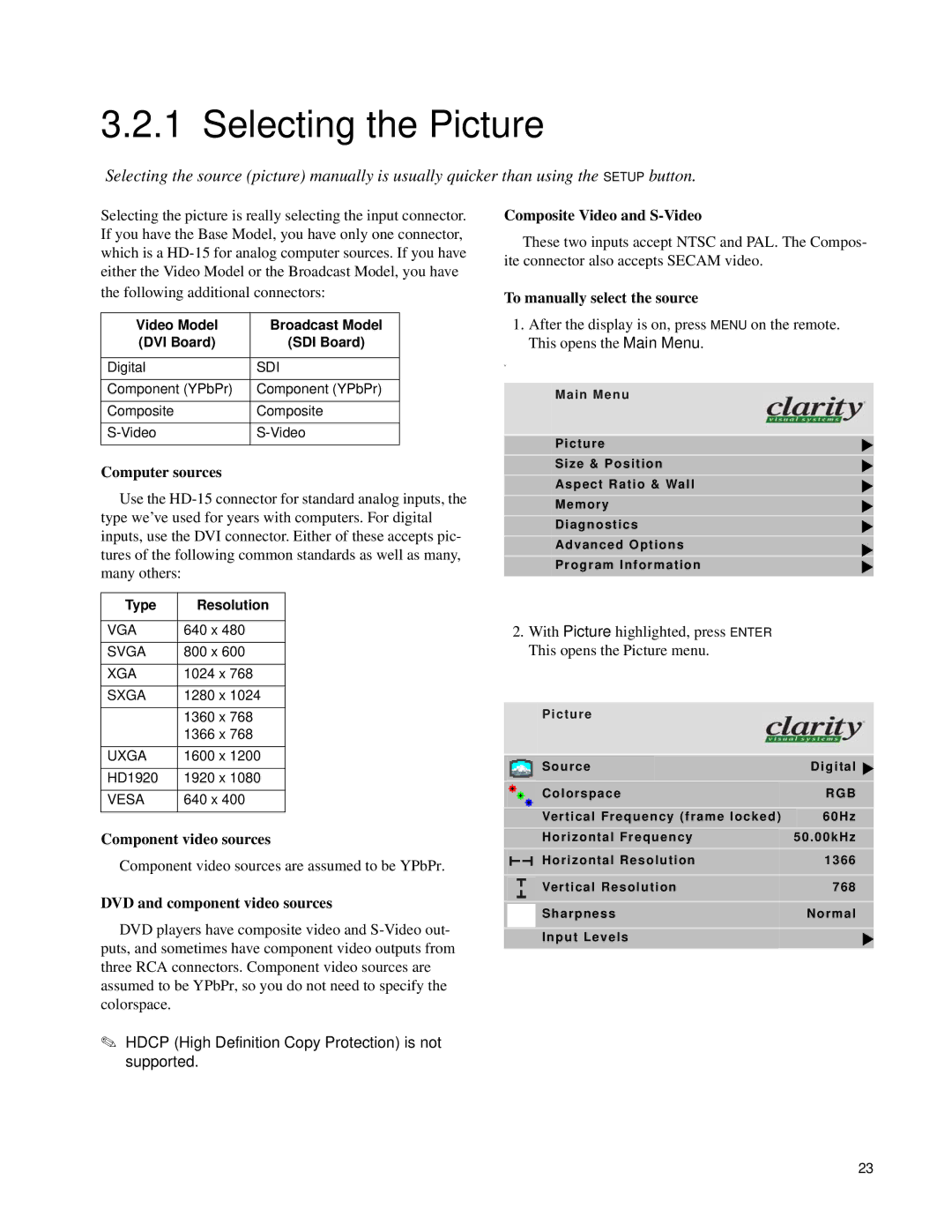 Clarity SN-4620-1080 manual Selecting the Picture, Component video sources, DVD and component video sources 