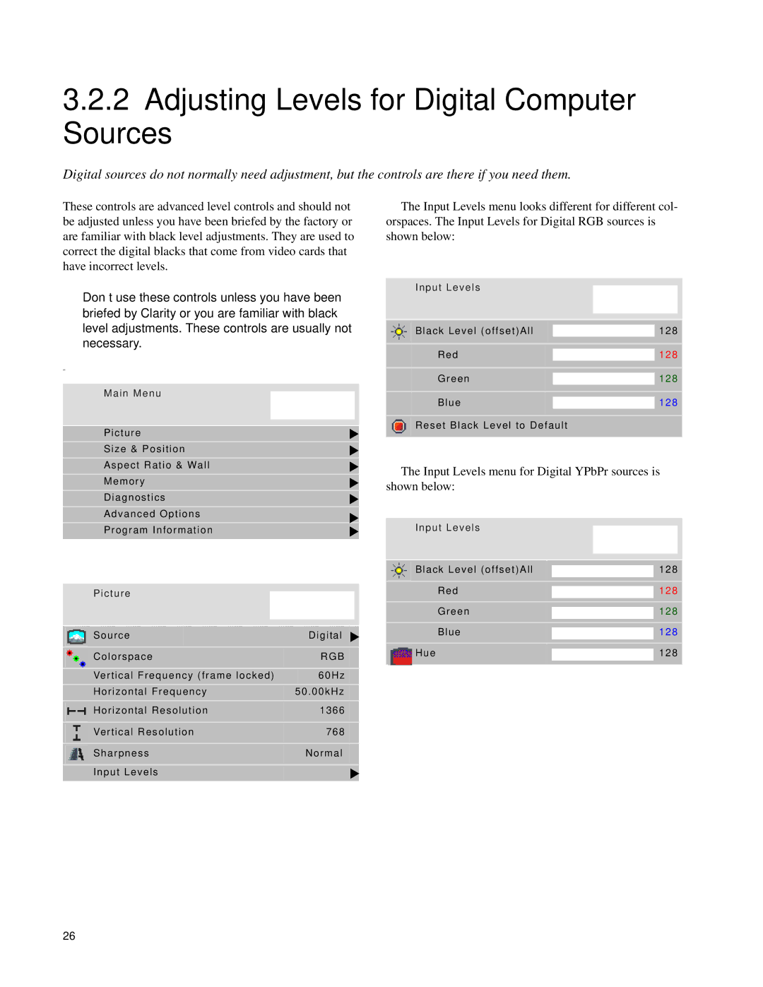 Clarity SN-4620-1080 manual Adjusting Levels for Digital Computer Sources, Input Levels 