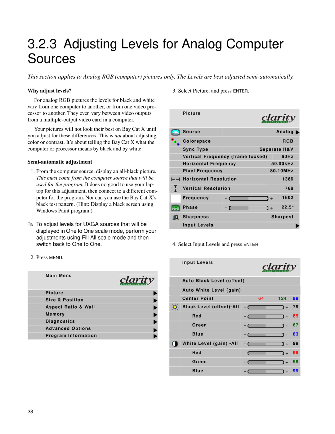 Clarity SN-4620-1080 manual Adjusting Levels for Analog Computer Sources, Why adjust levels?, Semi-automatic adjustment 