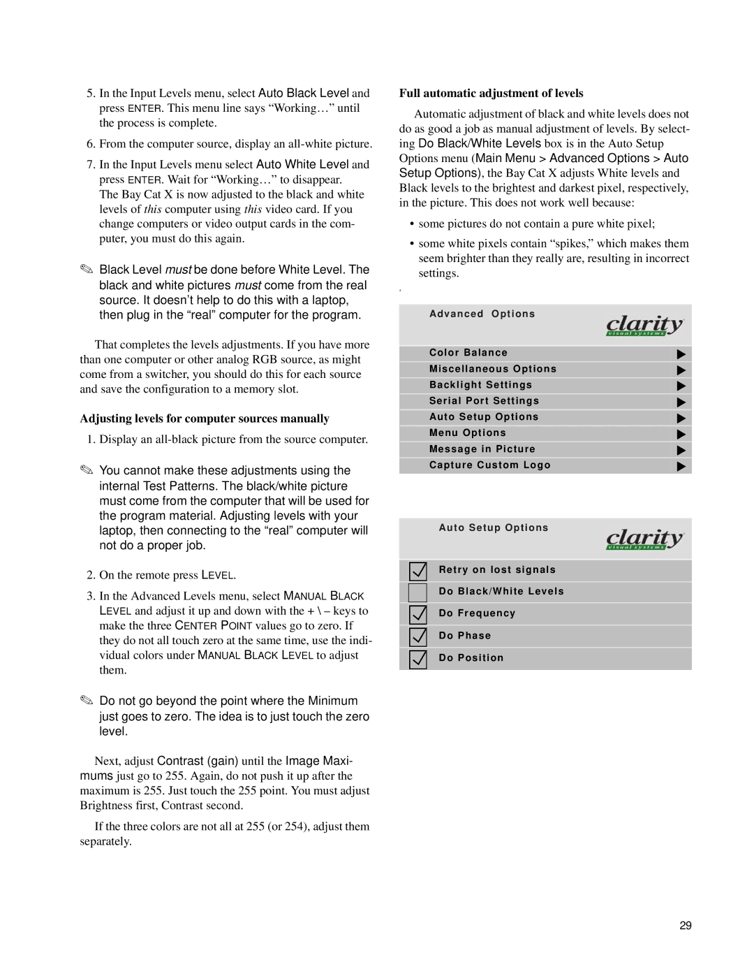 Clarity SN-4620-1080 Adjusting levels for computer sources manually, Full automatic adjustment of levels 