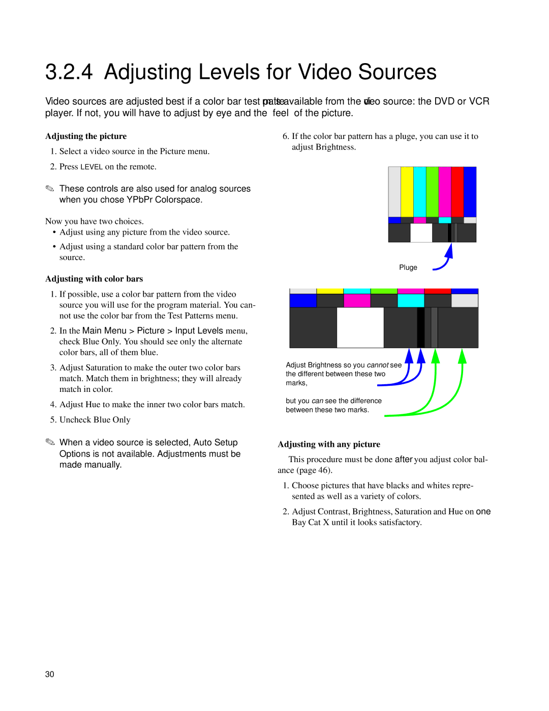 Clarity SN-4620-1080 manual Adjusting Levels for Video Sources, Adjusting the picture, Adjusting with color bars 