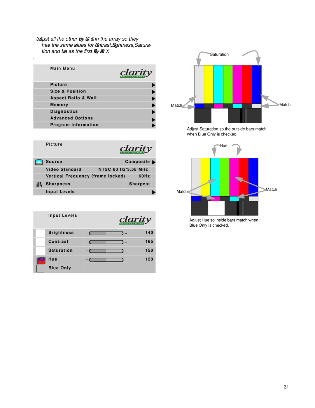 Clarity SN-4620-1080 manual Brightness 140 Contrast 165 Saturation 150 Hue 128 Blue Only 