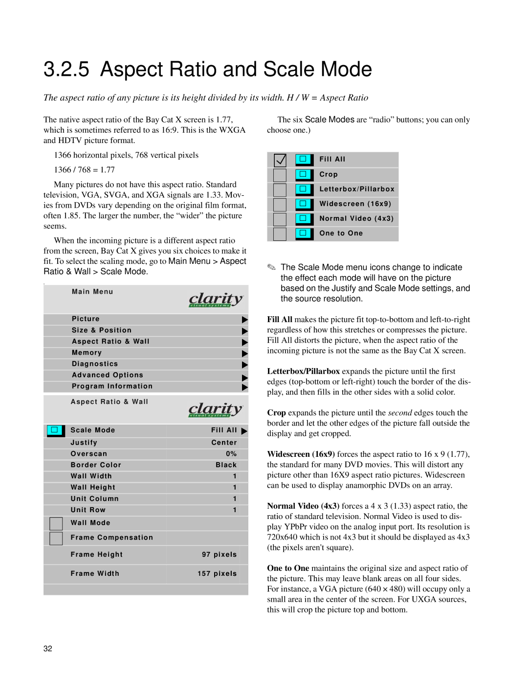 Clarity SN-4620-1080 manual Aspect Ratio and Scale Mode, Aspect Ratio & Wall 