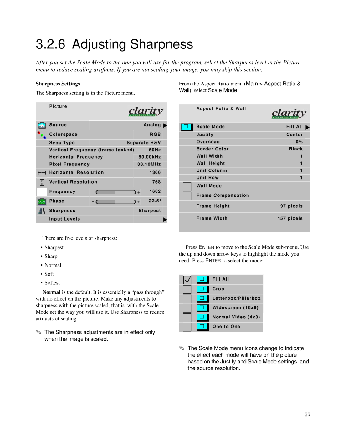 Clarity SN-4620-1080 manual Adjusting Sharpness, Sharpness Settings 