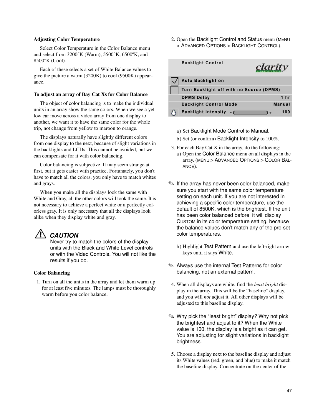 Clarity SN-4620-1080 Adjusting Color Temperature, To adjust an array of Bay Cat Xs for Color Balance, Color Balancing 