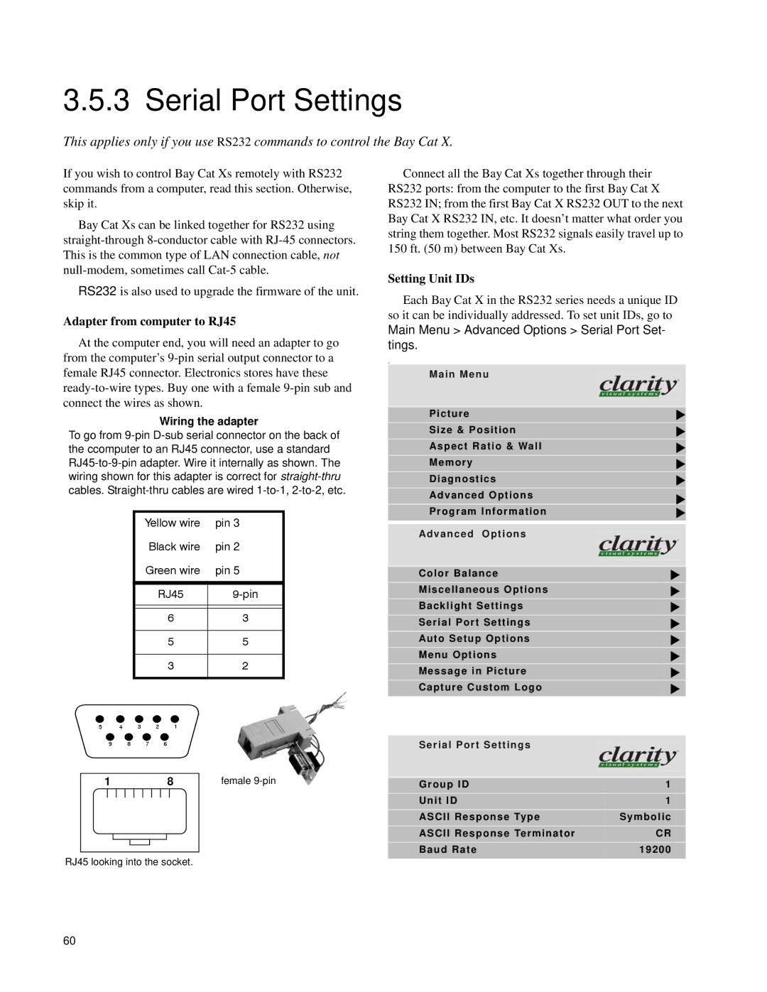 Clarity SN-4620-1080 manual Serial Port Settings, Adapter from computer to RJ45, Setting Unit IDs 