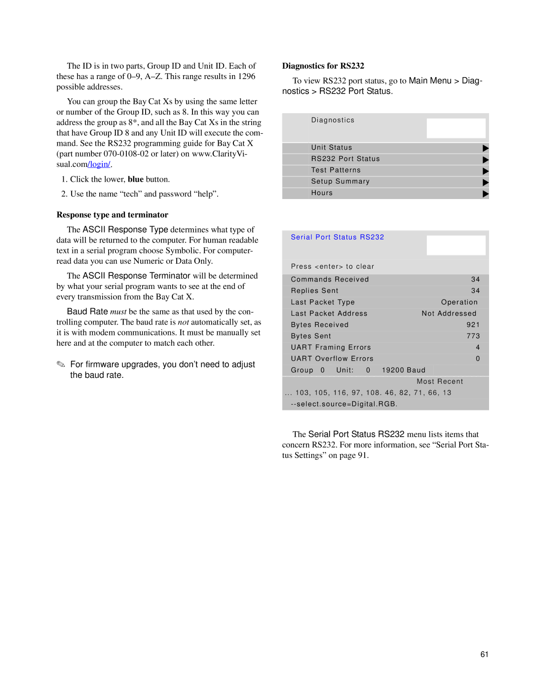 Clarity SN-4620-1080 manual Response type and terminator, Diagnostics for RS232, Most Recent 