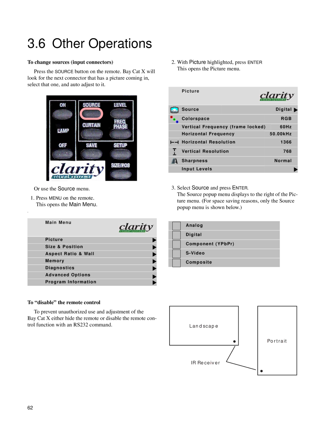 Clarity SN-4620-1080 manual Other Operations, To change sources input connectors, To disable the remote control 