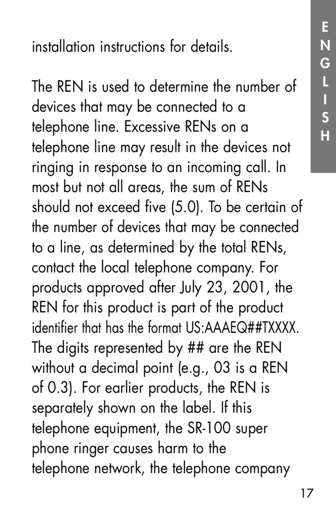 Clarity SR100 manual Installation instructions for details, Most but not all areas, the sum of RENs, Xxx17 