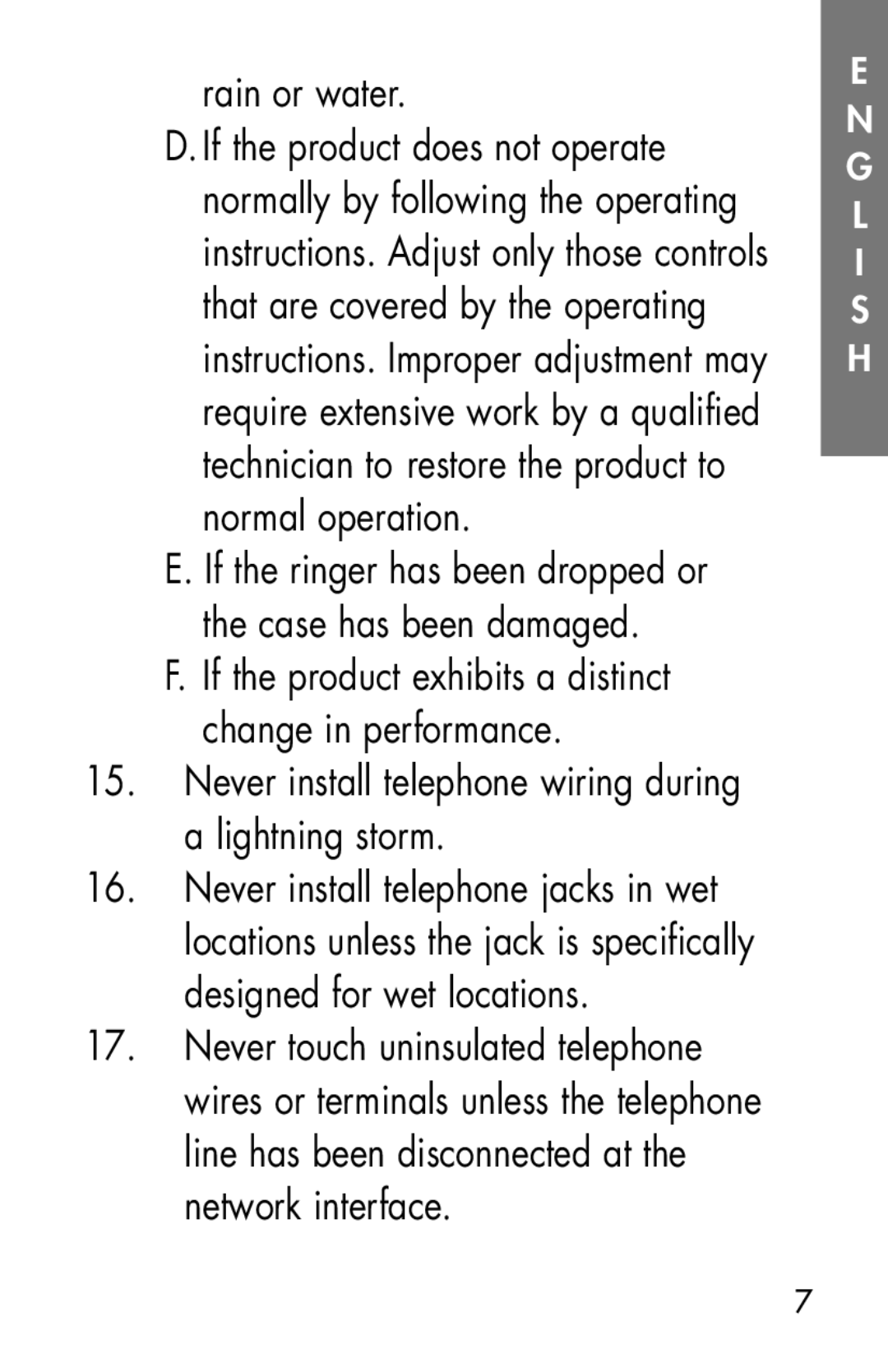 Clarity SR100 manual Rain or water, Never install telephone wiring during a lightning storm, Xxx7 