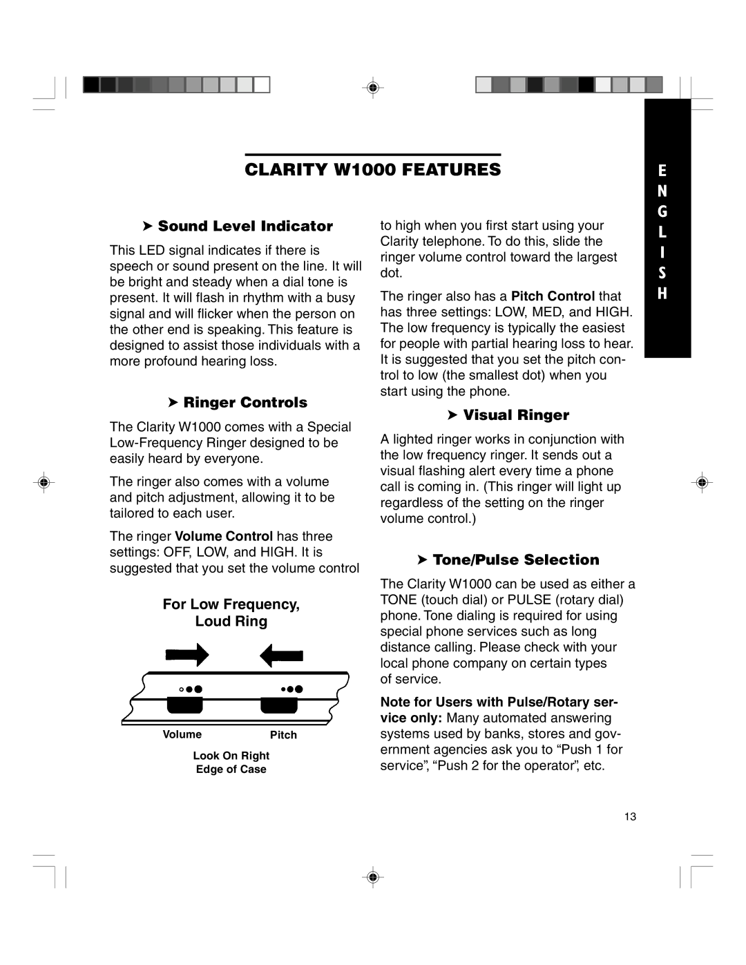 Clarity TELEPHONE W1000 manual Sound Level Indicator, Ringer Controls, For Low Frequency Loud Ring, Visual Ringer 