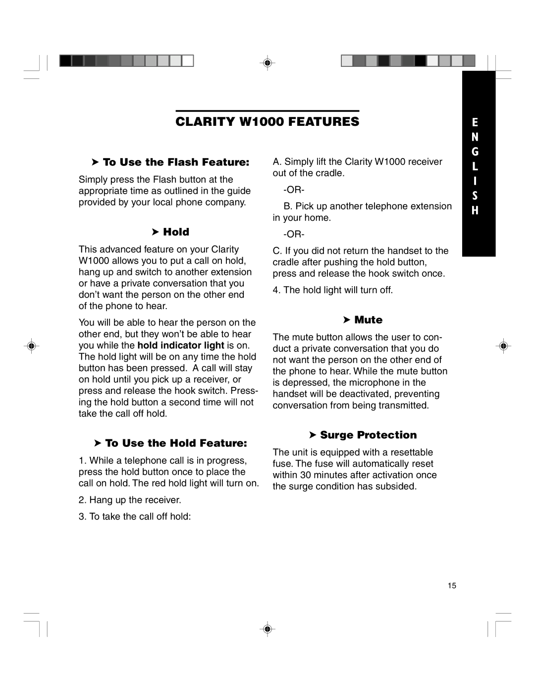 Clarity TELEPHONE W1000 manual To Use the Flash Feature, Mute, To Use the Hold Feature, Surge Protection 